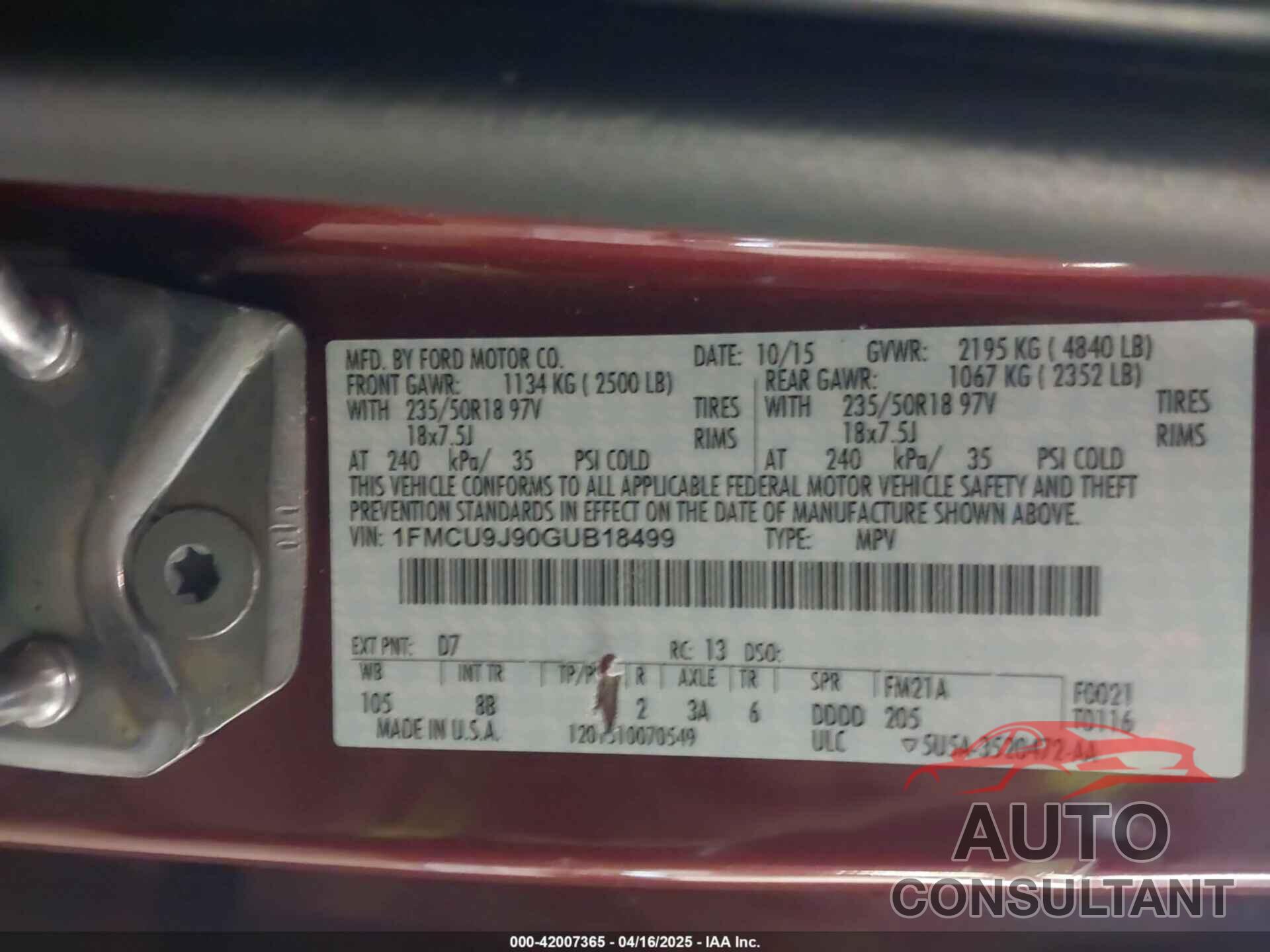 FORD ESCAPE 2016 - 1FMCU9J90GUB18499