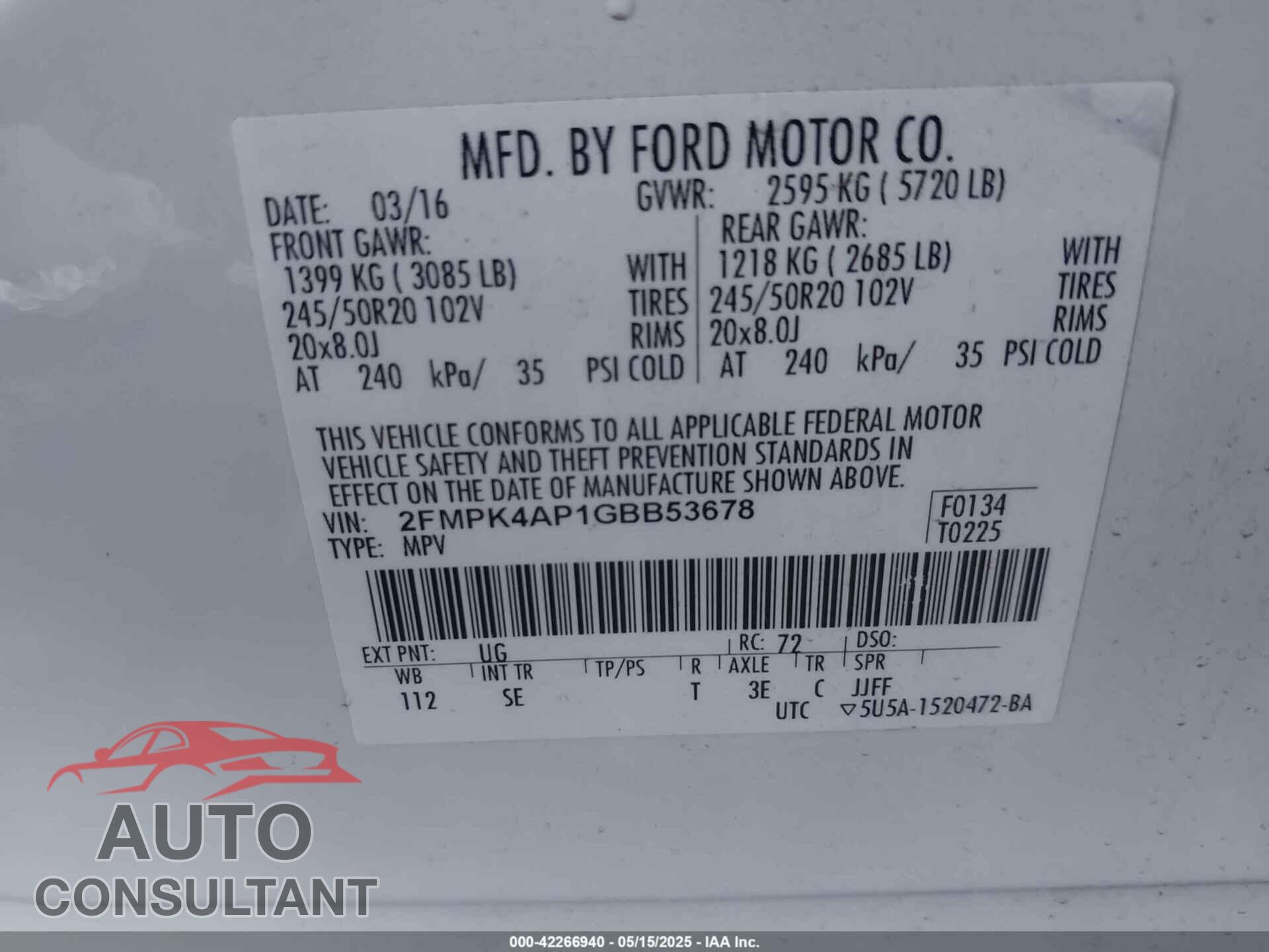 FORD EDGE 2016 - 2FMPK4AP1GBB53678