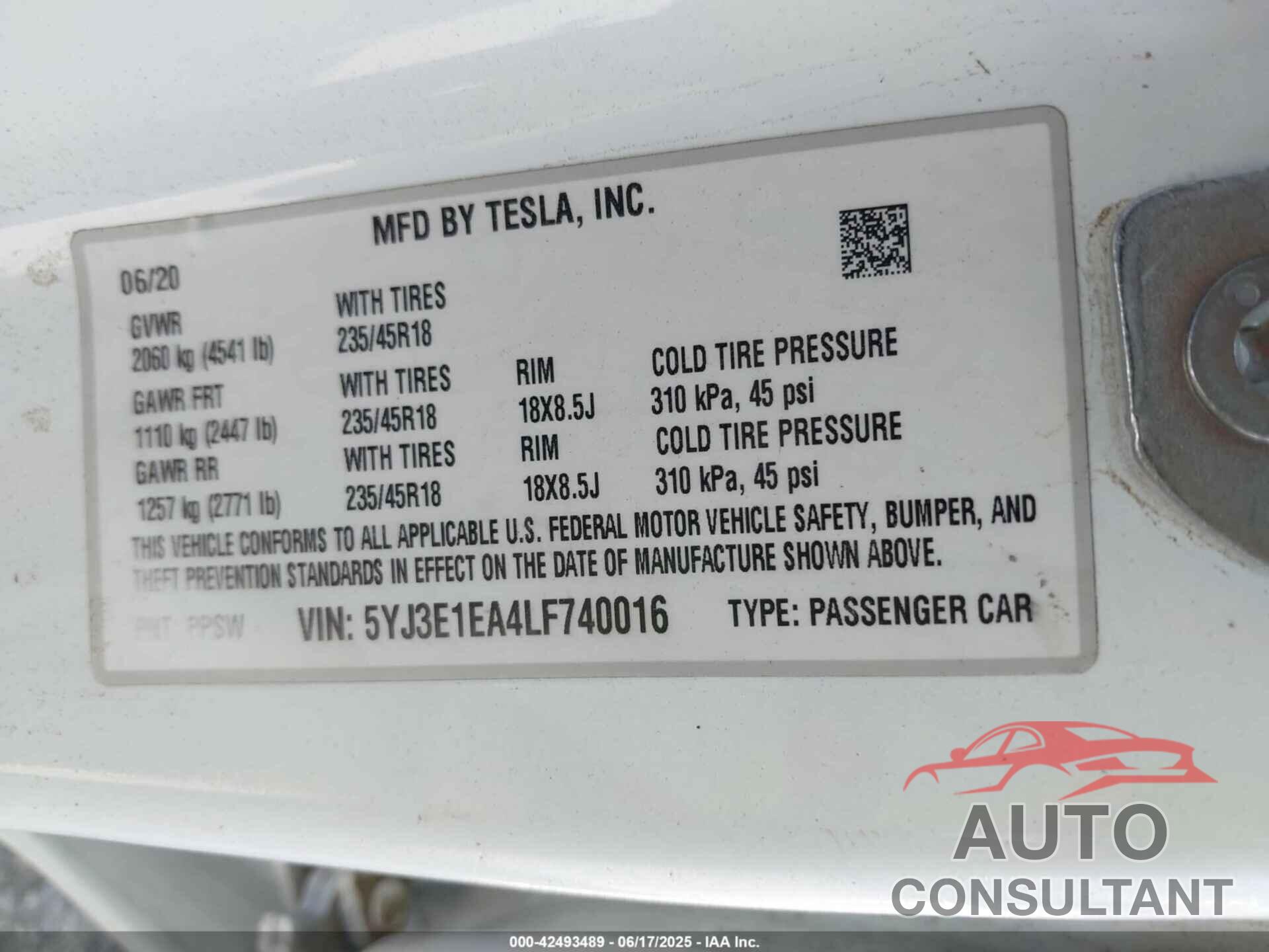 TESLA MODEL 3 2020 - 5YJ3E1EA4LF740016