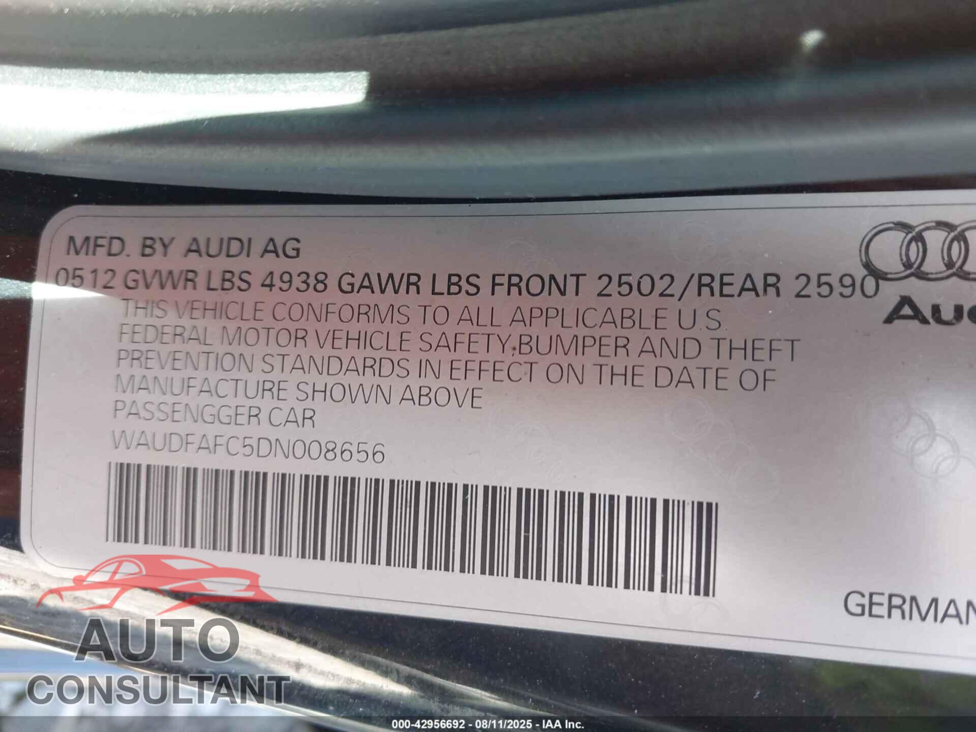 AUDI A6 2013 - WAUDFAFC5DN008656