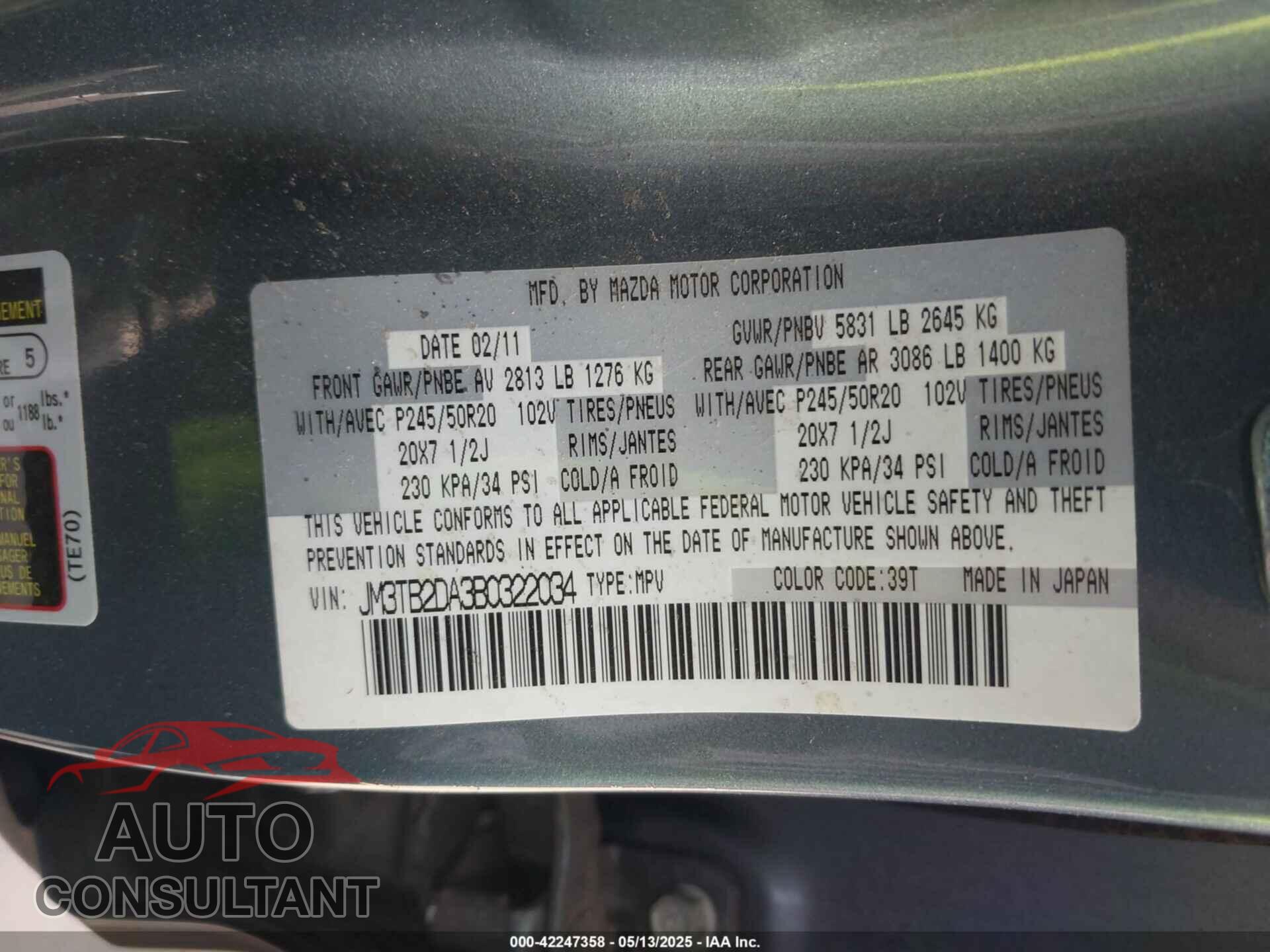 MAZDA CX-9 2011 - JM3TB2DA3B0322034