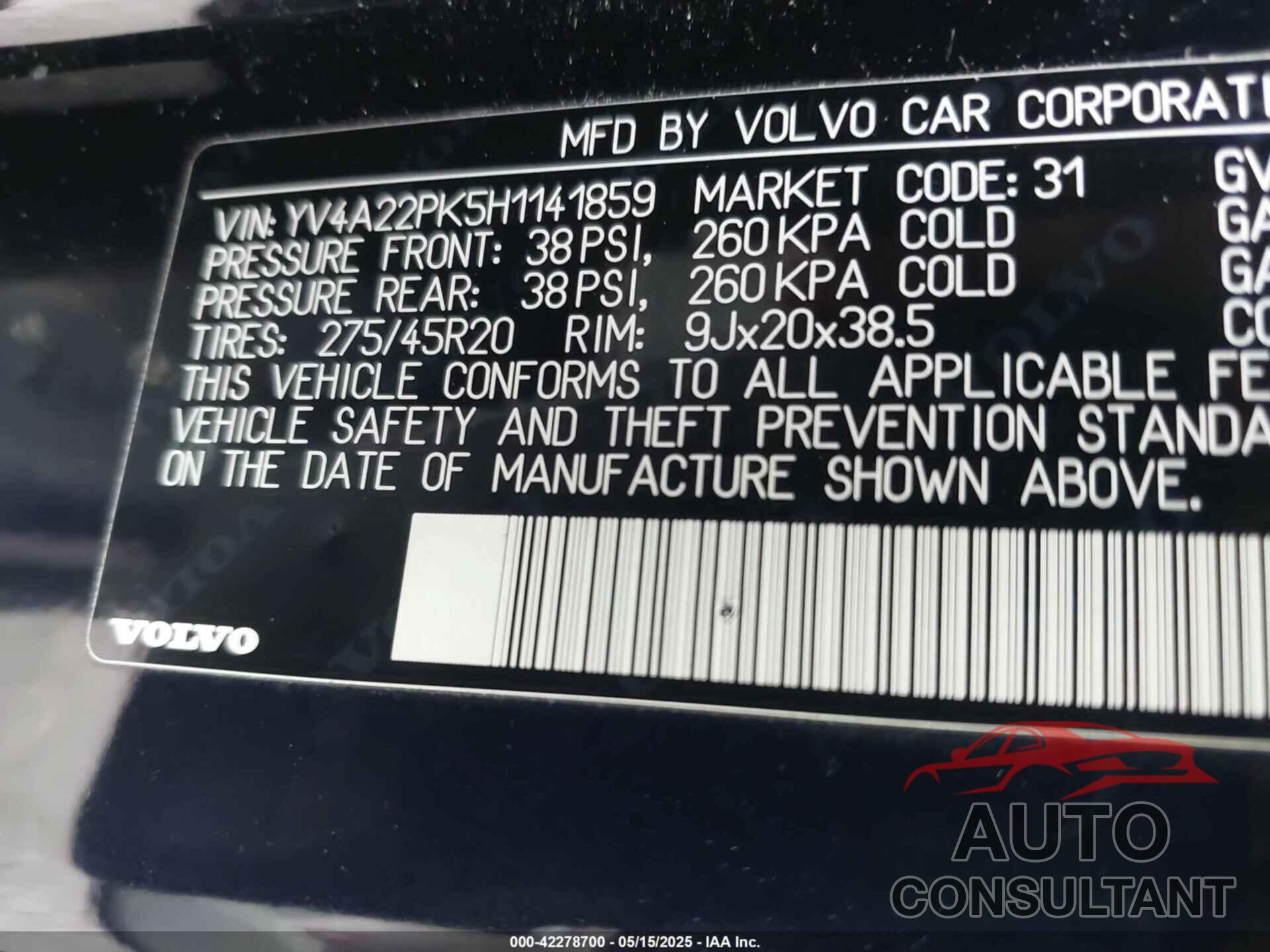 VOLVO XC90 2017 - YV4A22PK5H1141859