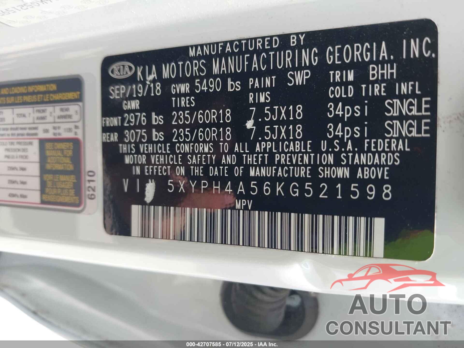 KIA SORENTO 2019 - 5XYPH4A56KG521598