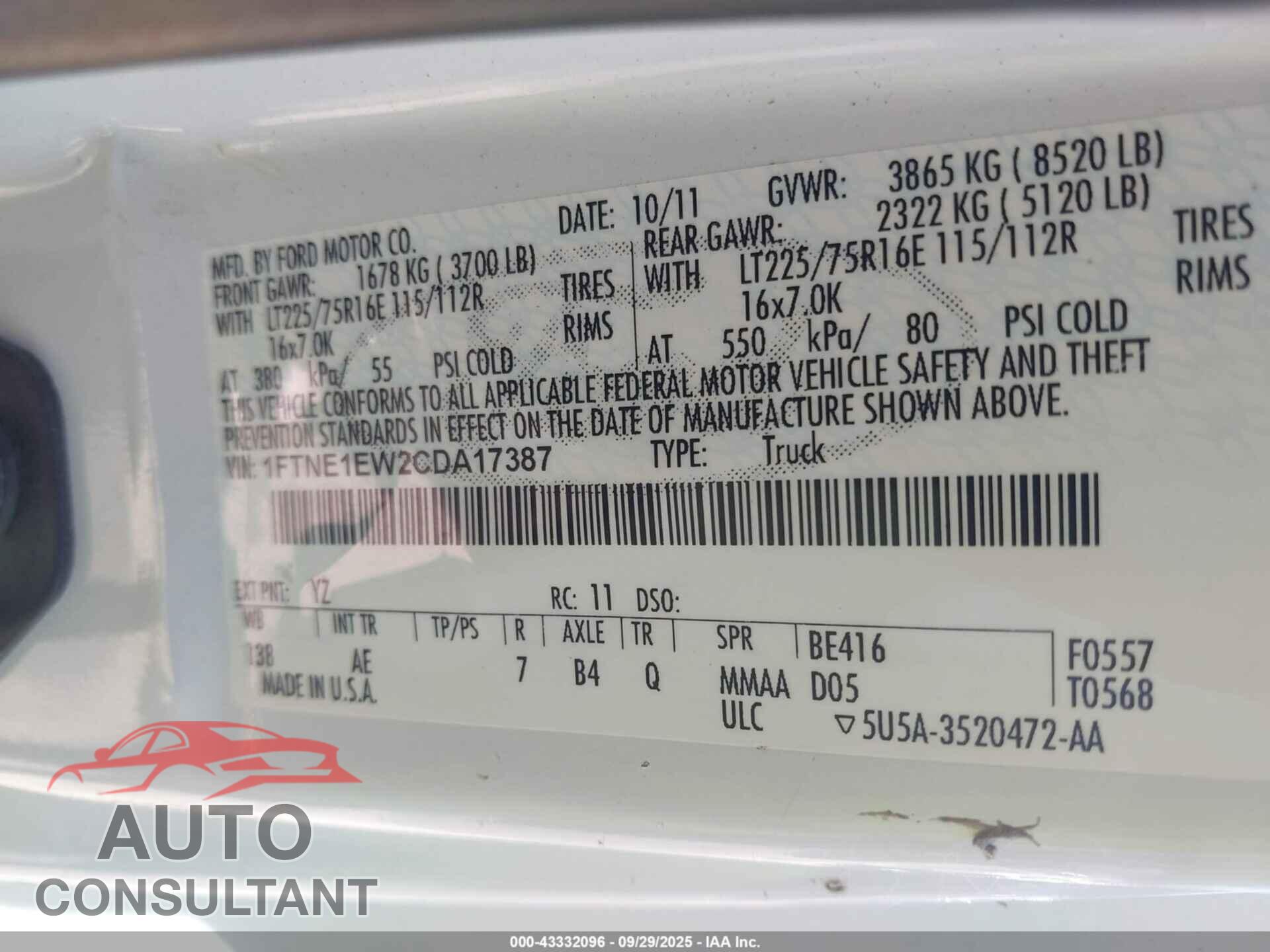 FORD E-150 2012 - 1FTNE1EW2CDA17387