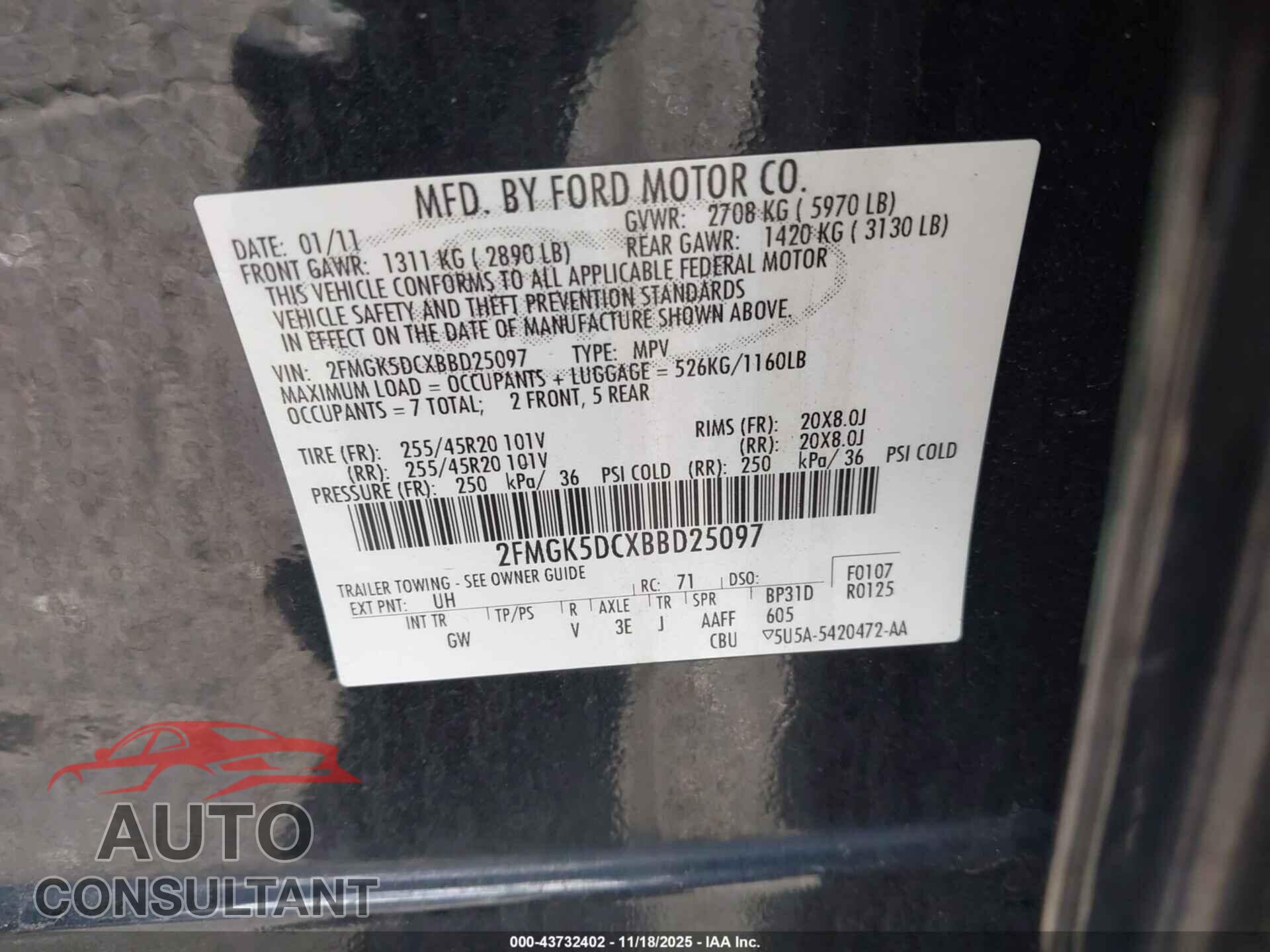 FORD FLEX 2011 - 2FMGK5DCXBBD25097