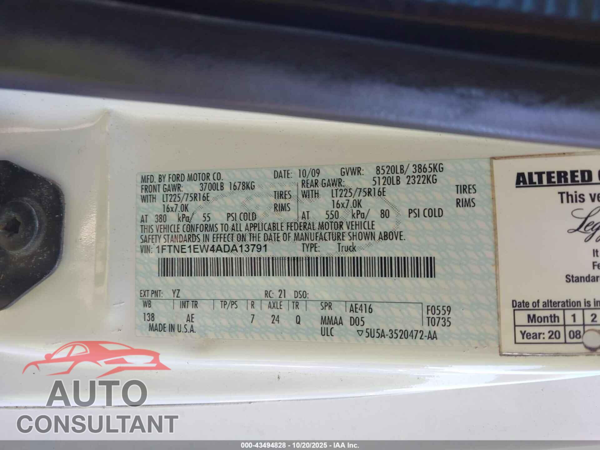 FORD E-150 2010 - 1FTNE1EW4ADA13791