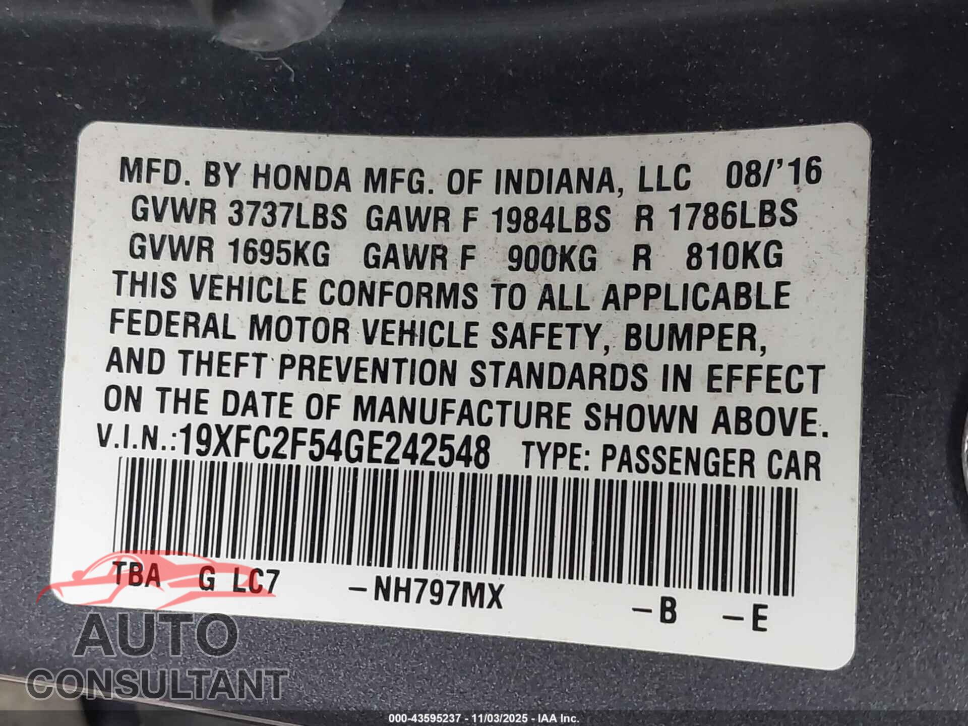 HONDA CIVIC 2016 - 19XFC2F54GE242548