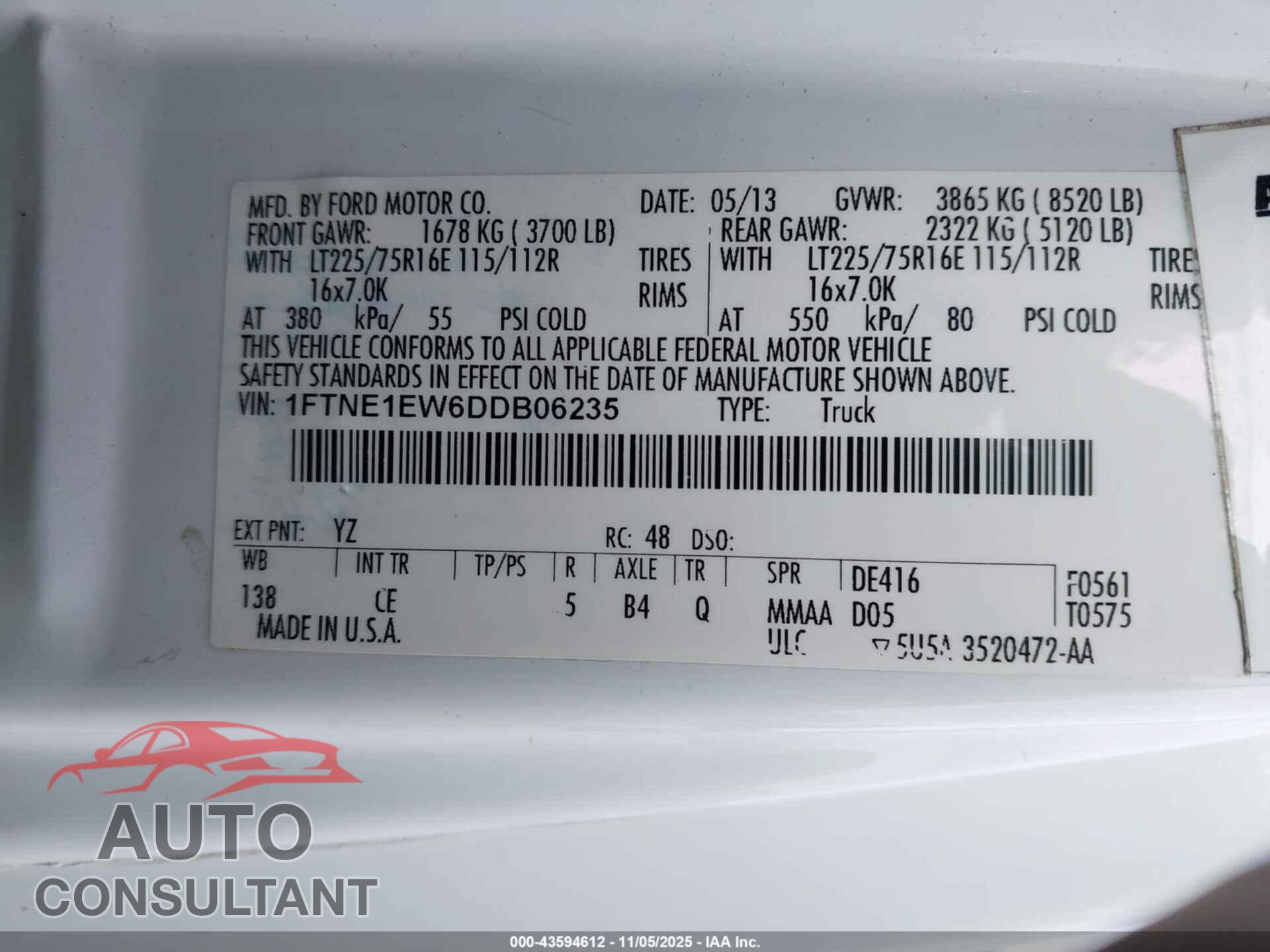 FORD E-150 2013 - 1FTNE1EW6DDB06235