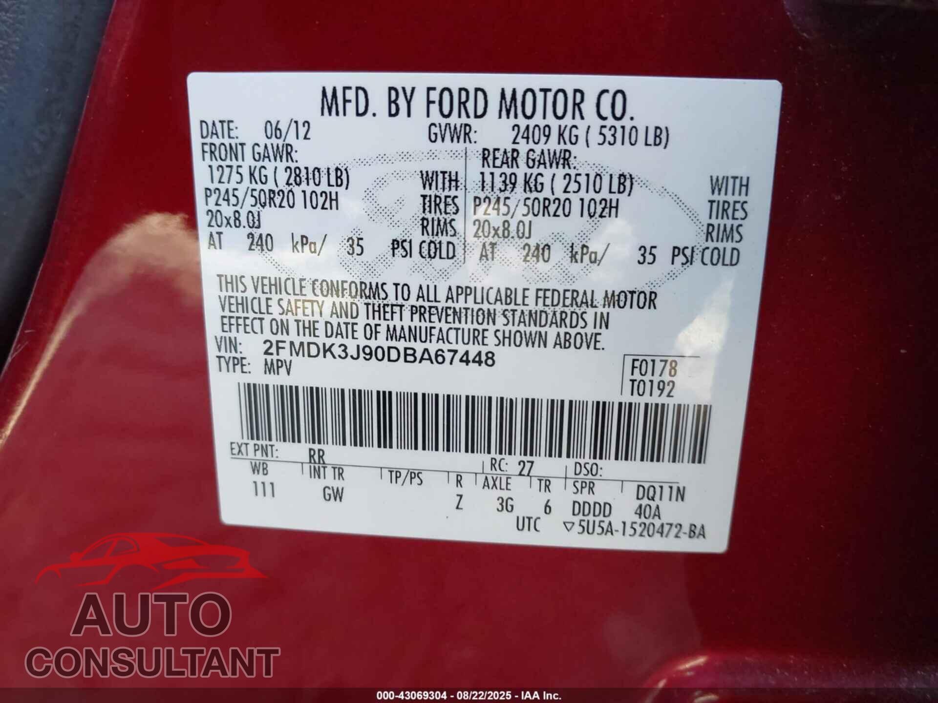 FORD EDGE 2013 - 2FMDK3J90DBA67448