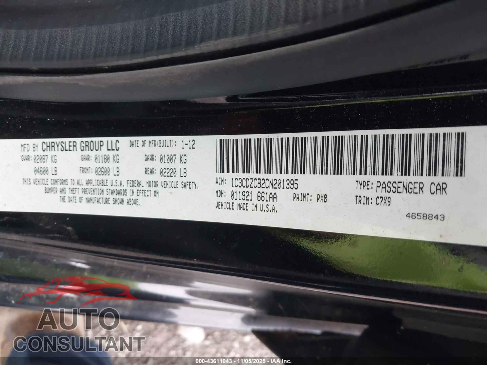 DODGE AVENGER 2012 - 1C3CDZCB2CN201395