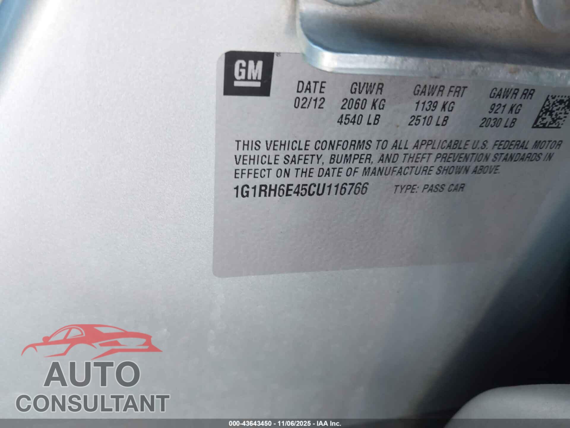 CHEVROLET VOLT 2012 - 1G1RH6E45CU116766