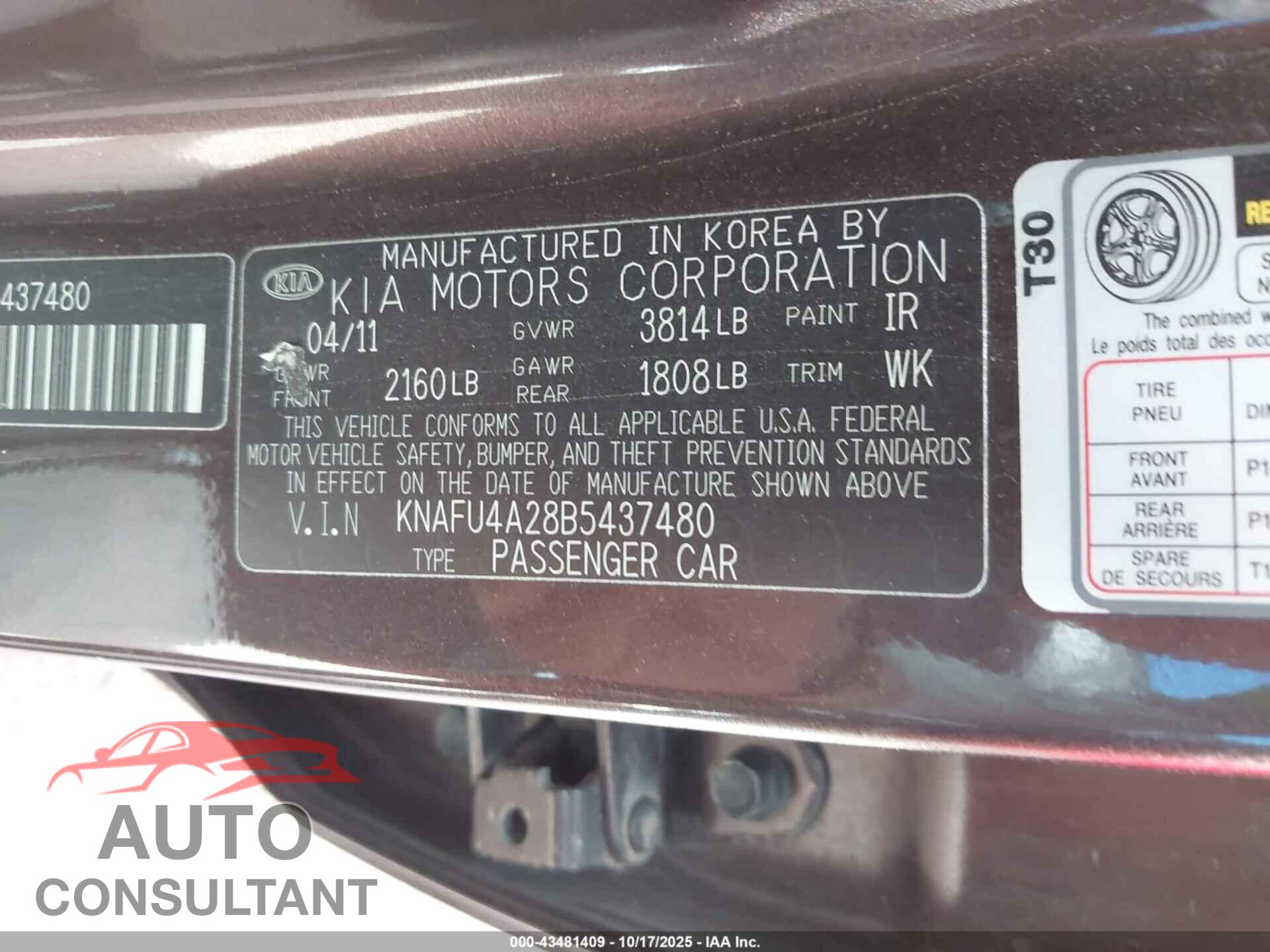 KIA FORTE 2011 - KNAFU4A28B5437480