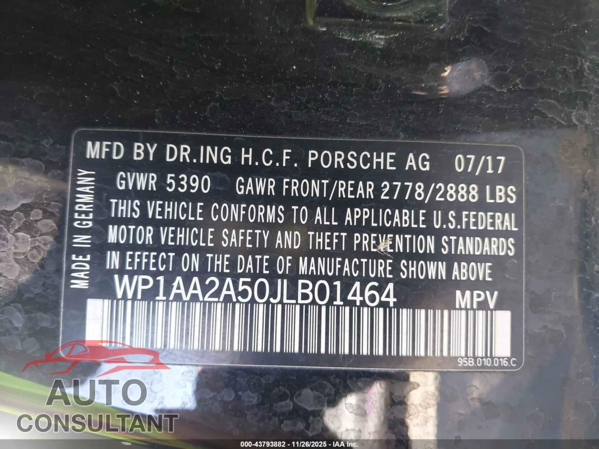 PORSCHE MACAN 2018 - WP1AA2A50JLB01464