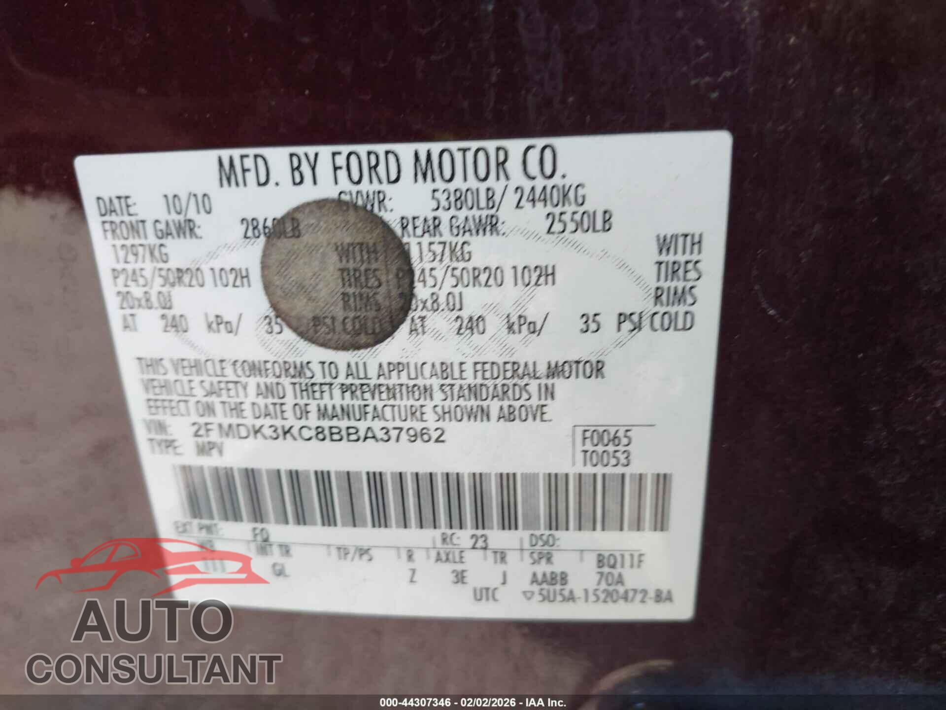 FORD EDGE 2011 - 2FMDK3KC8BBA37962
