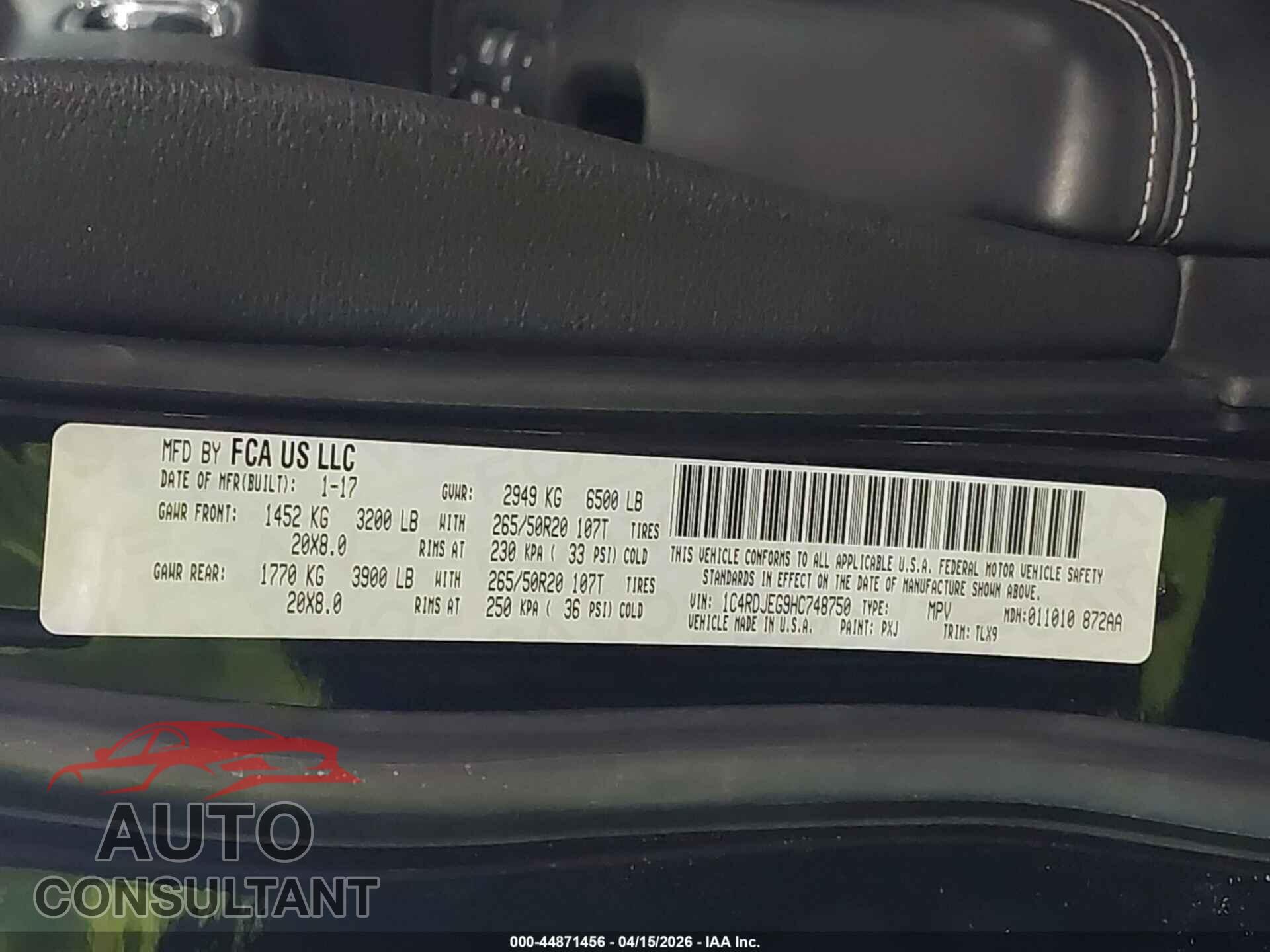 DODGE DURANGO 2017 - 1C4RDJEG9HC748750