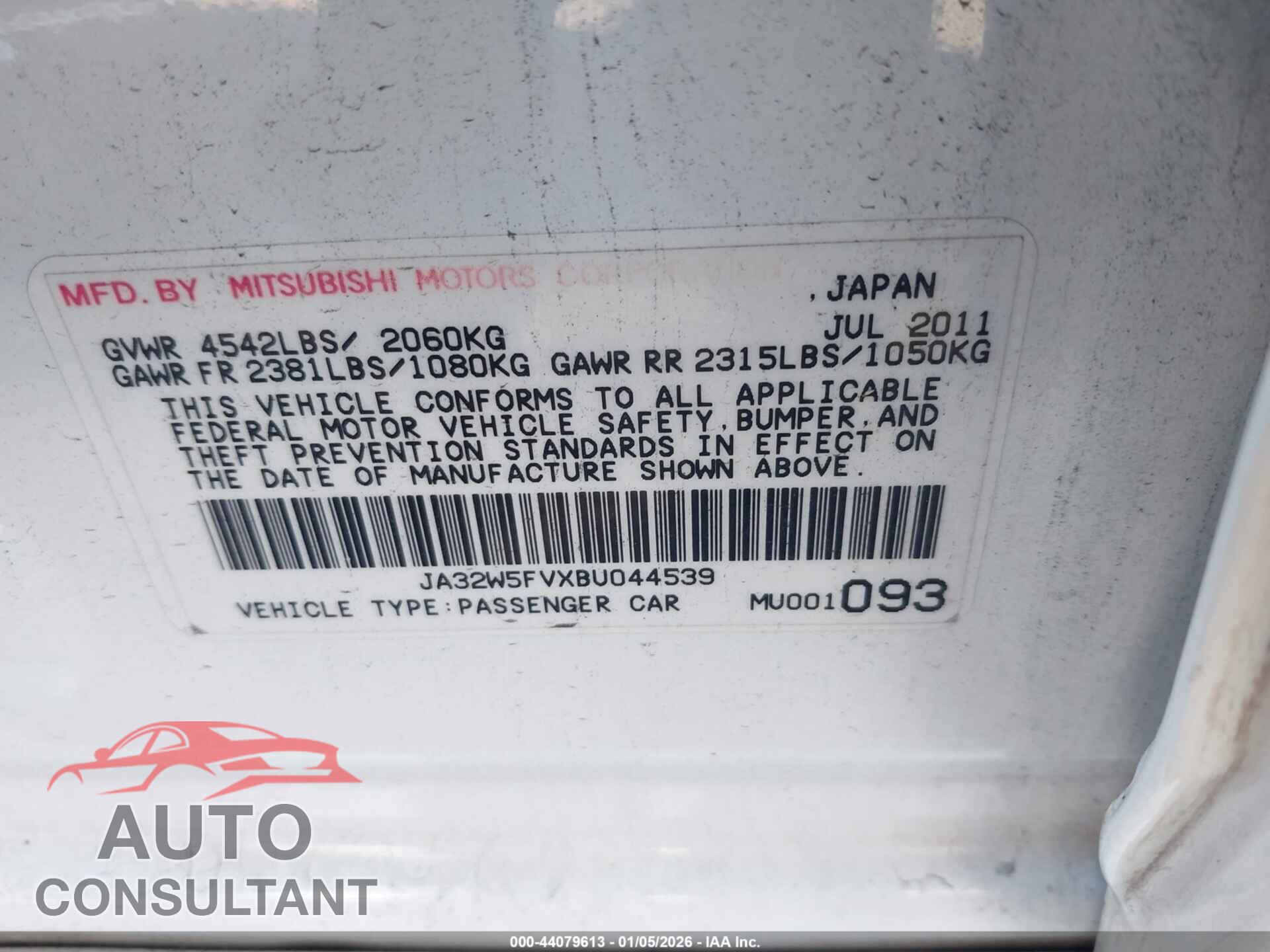 MITSUBISHI LANCER EVOLUTION 2011 - JA32W5FVXBU044539