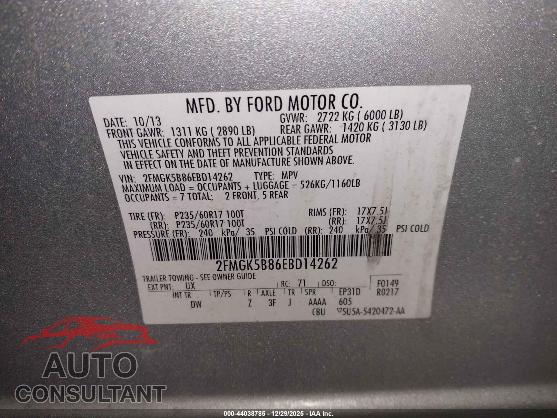 FORD FLEX 2014 - 2FMGK5B86EBD14262