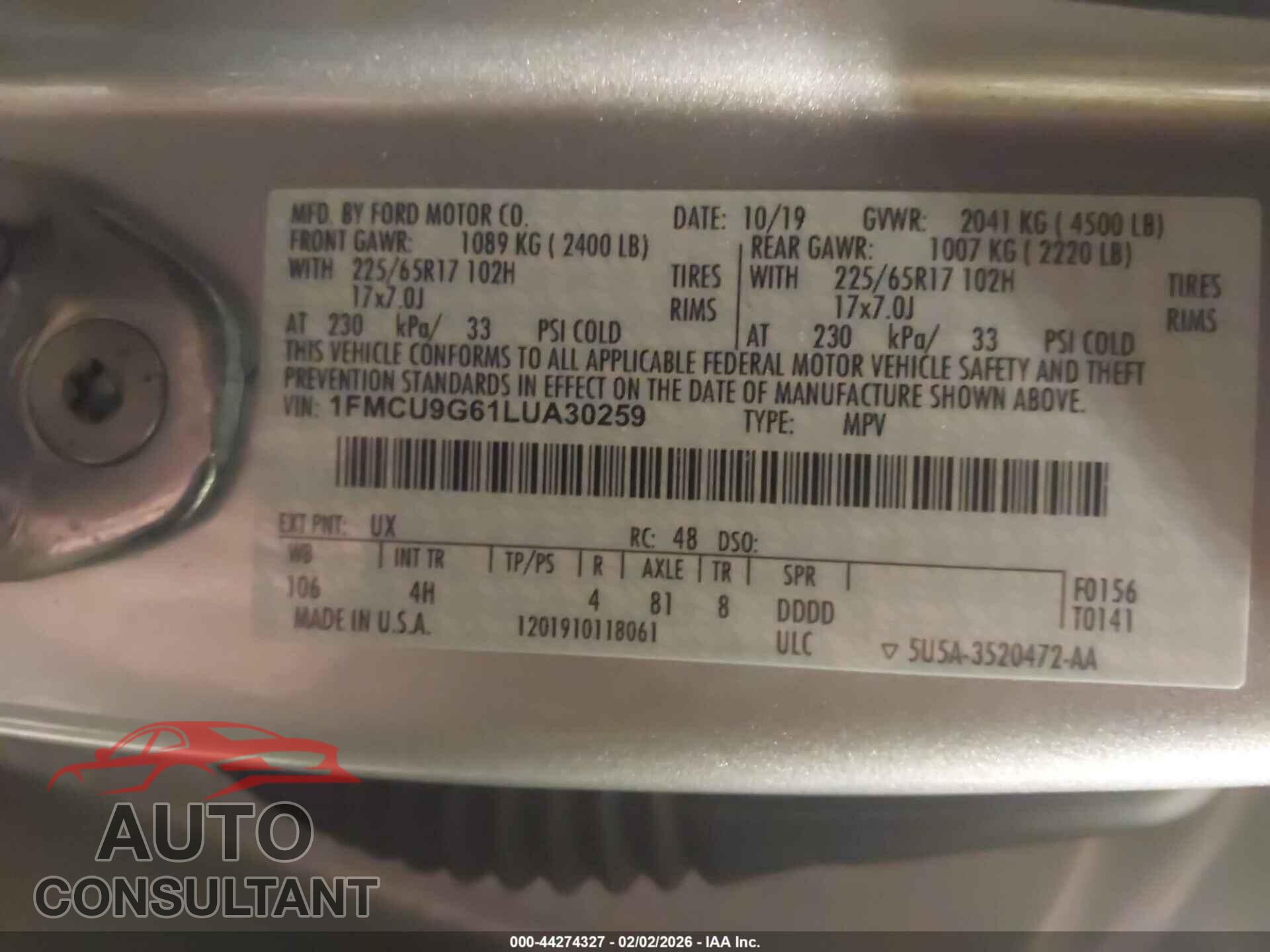 FORD ESCAPE 2020 - 1FMCU9G61LUA30259