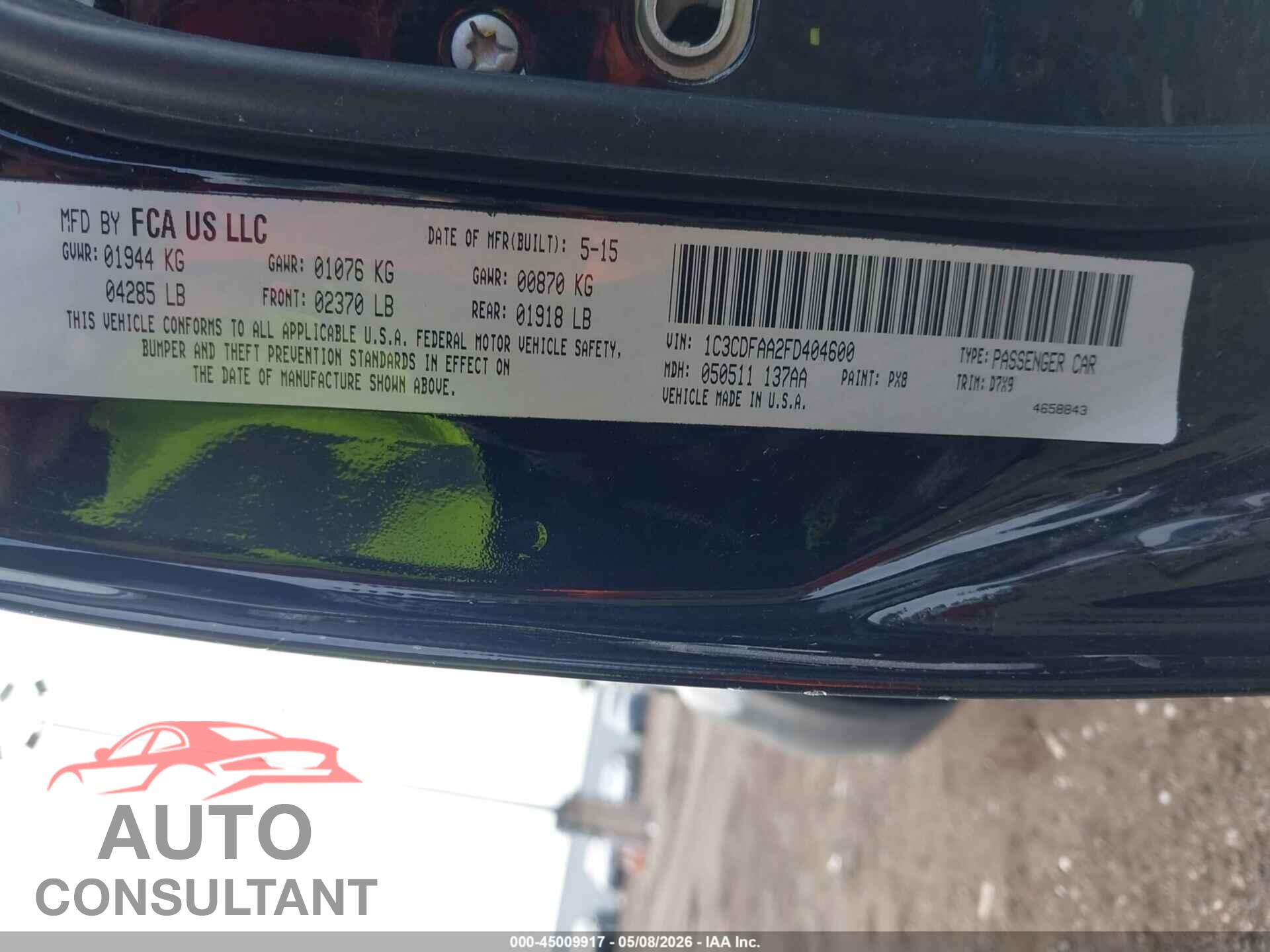 DODGE DART 2015 - 1C3CDFAA2FD404600