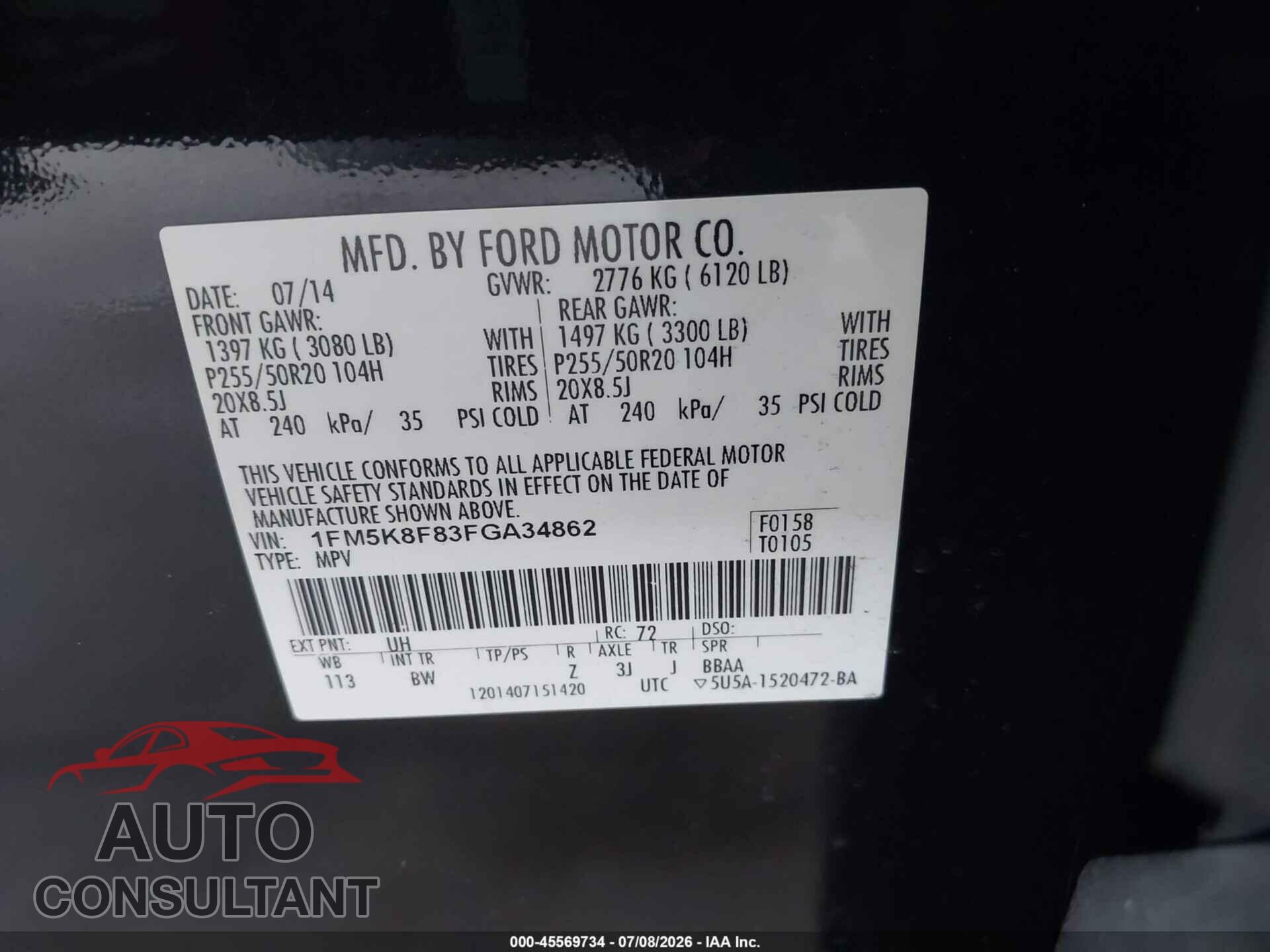 FORD EXPLORER 2015 - 1FM5K8F83FGA34862