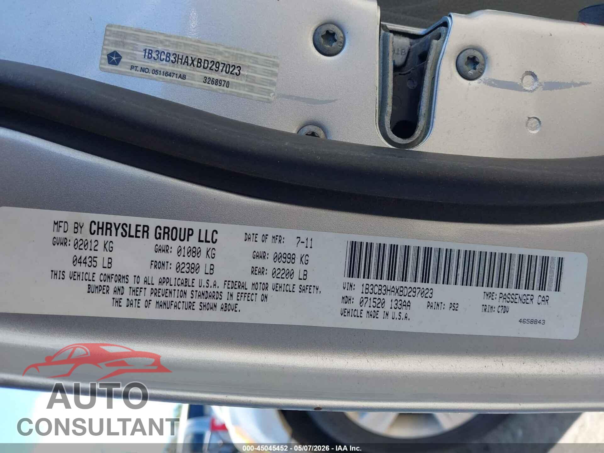 DODGE CALIBER 2011 - 1B3CB3HAXBD297023
