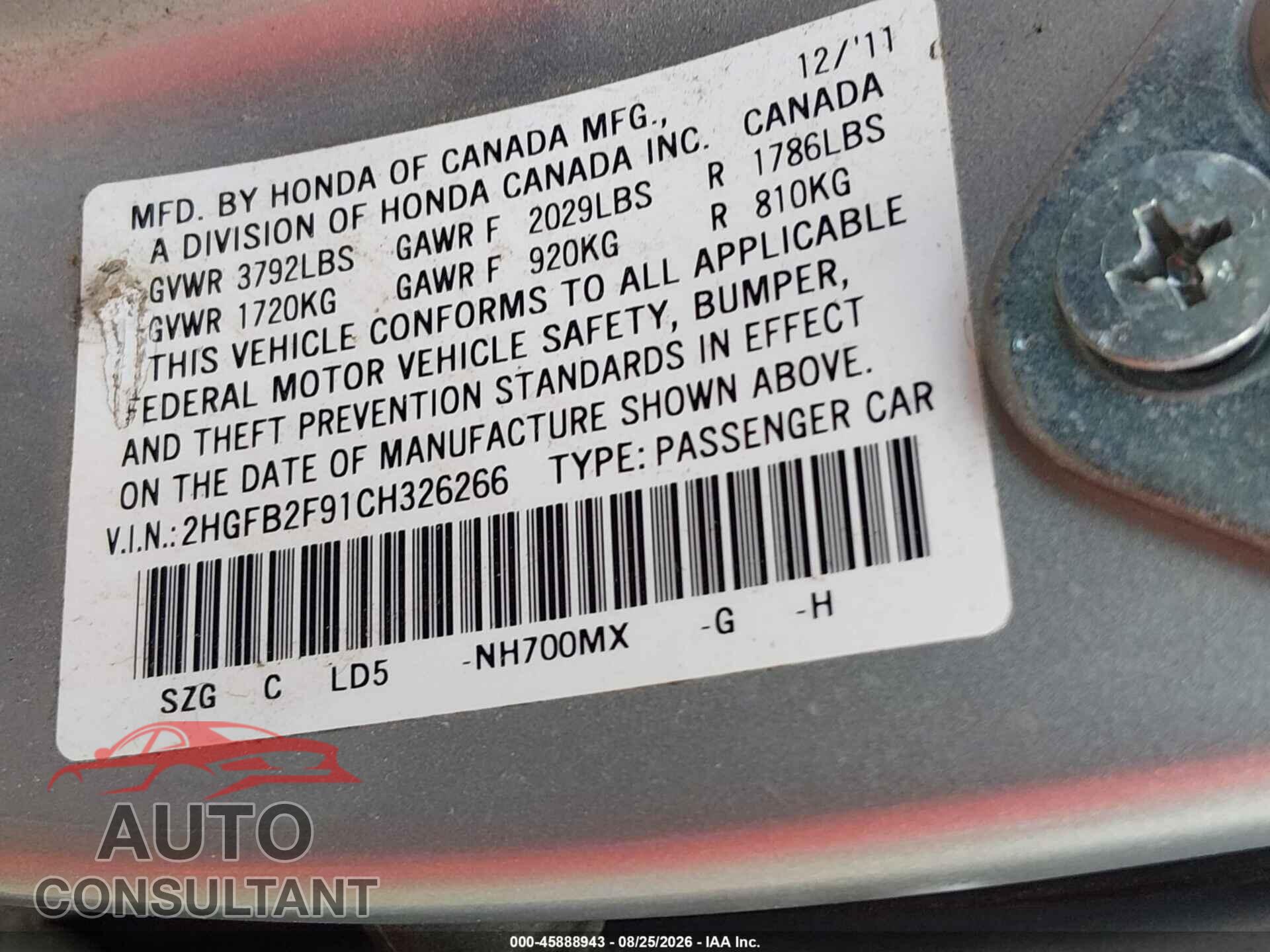 HONDA CIVIC 2012 - 2HGFB2F91CH326266
