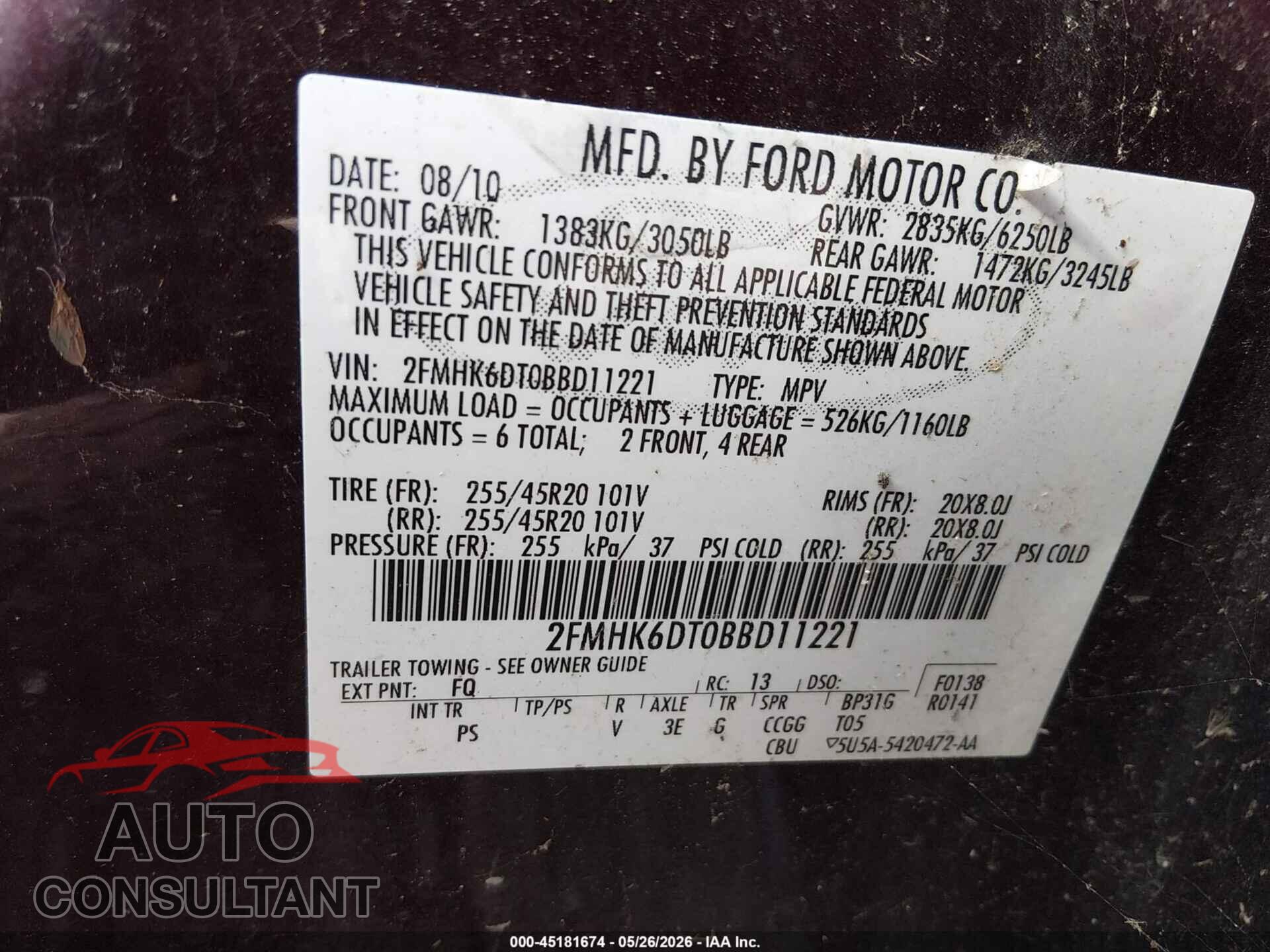 FORD FLEX 2011 - 2FMHK6DT0BBD11221