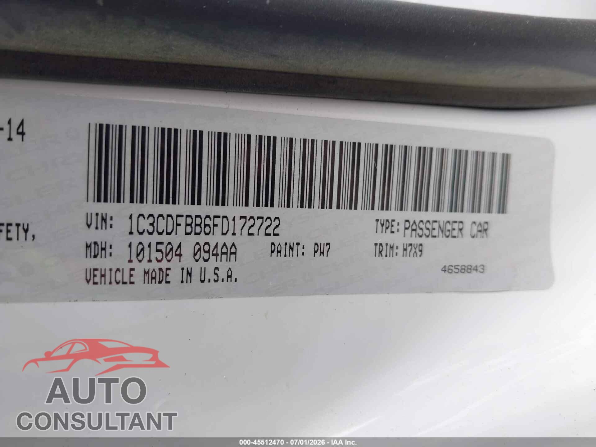 DODGE DART 2015 - 1C3CDFBB6FD172722