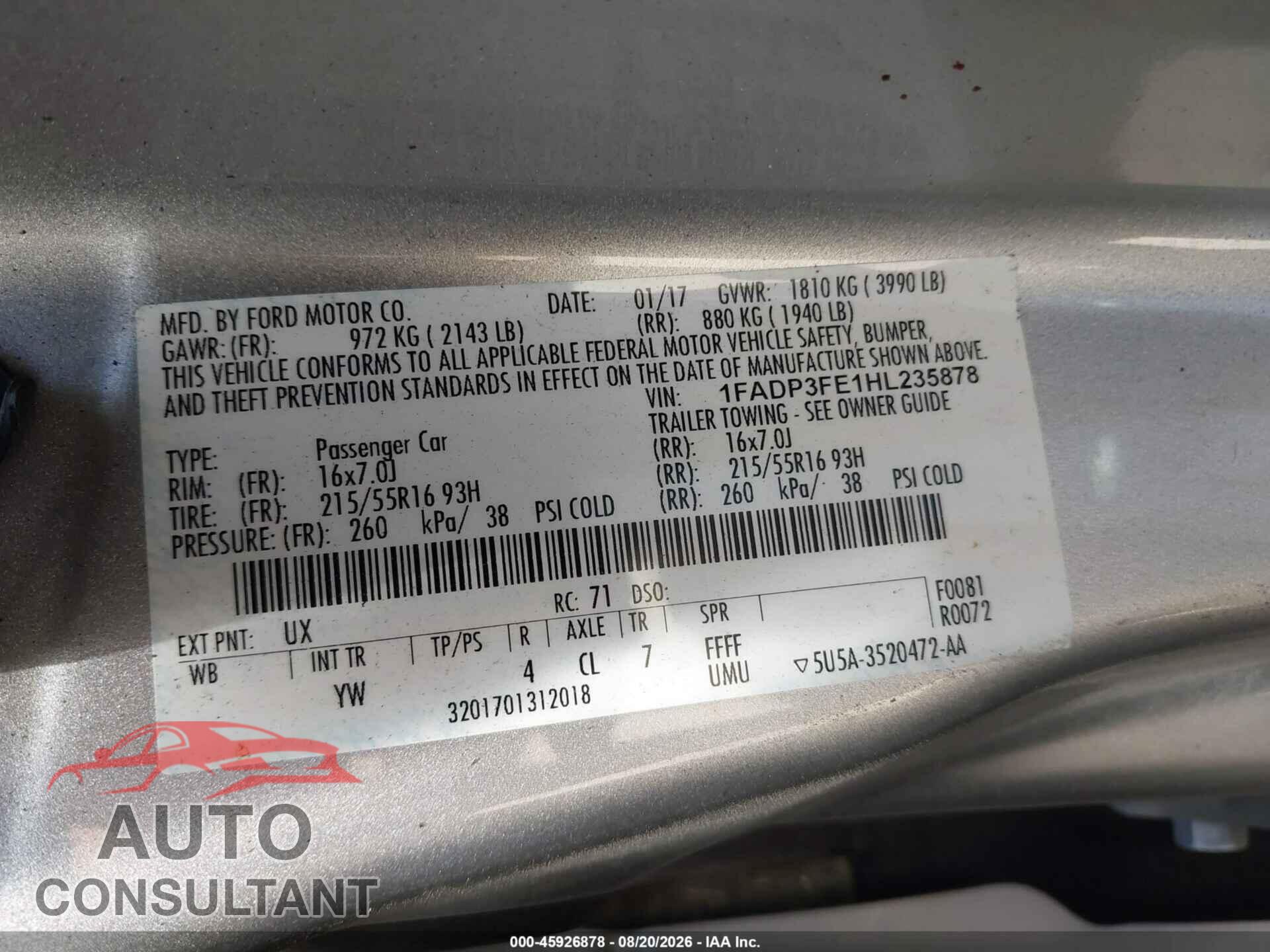 FORD FOCUS 2017 - 1FADP3FE1HL235878