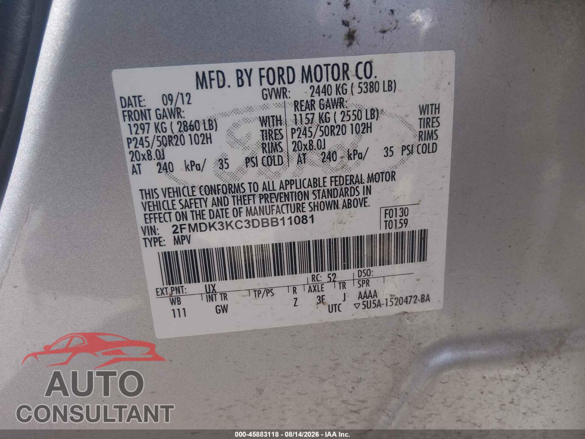 FORD EDGE 2013 - 2FMDK3KC3DBB11081