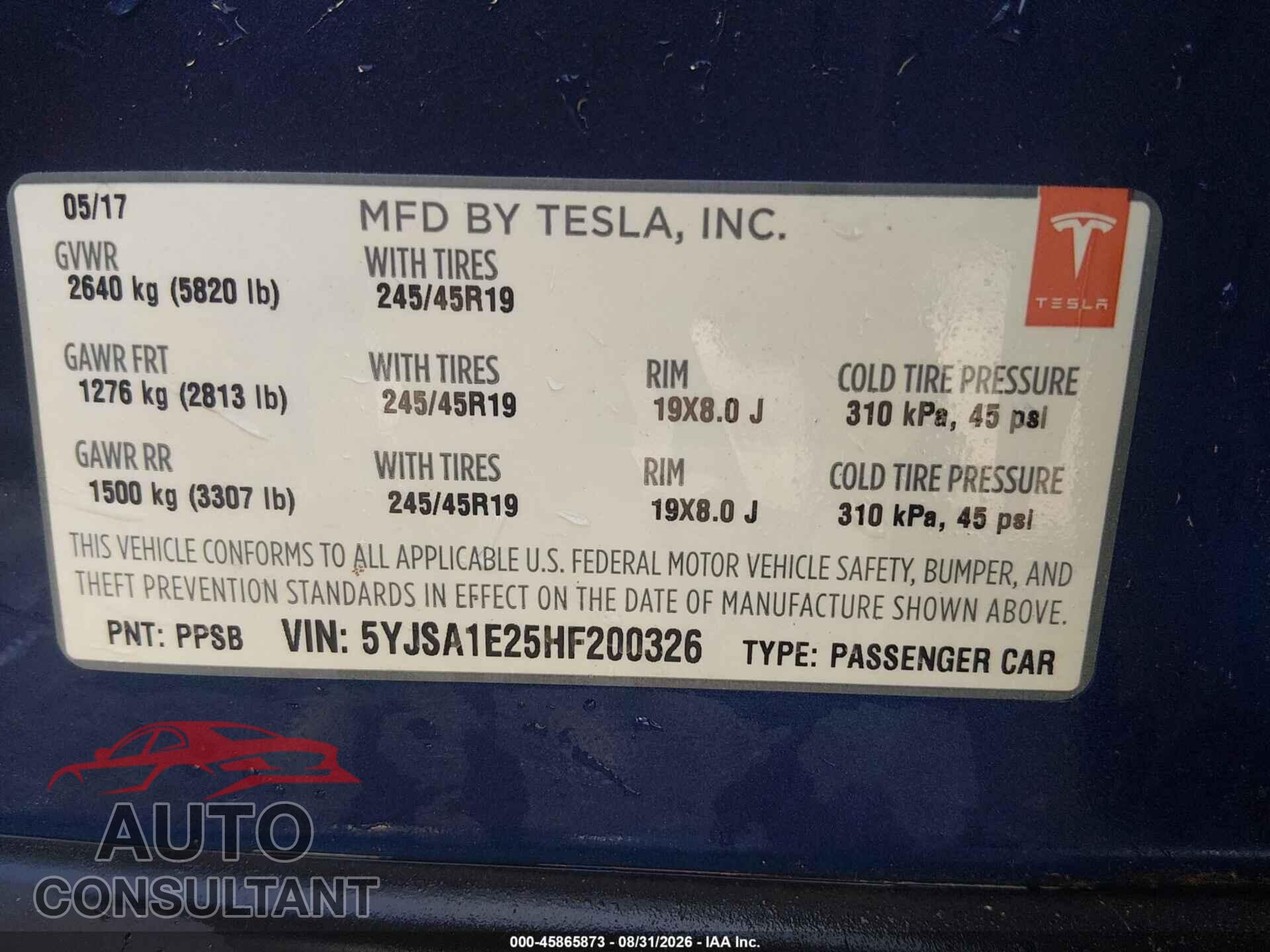 TESLA MODEL S 2017 - 5YJSA1E25HF200326