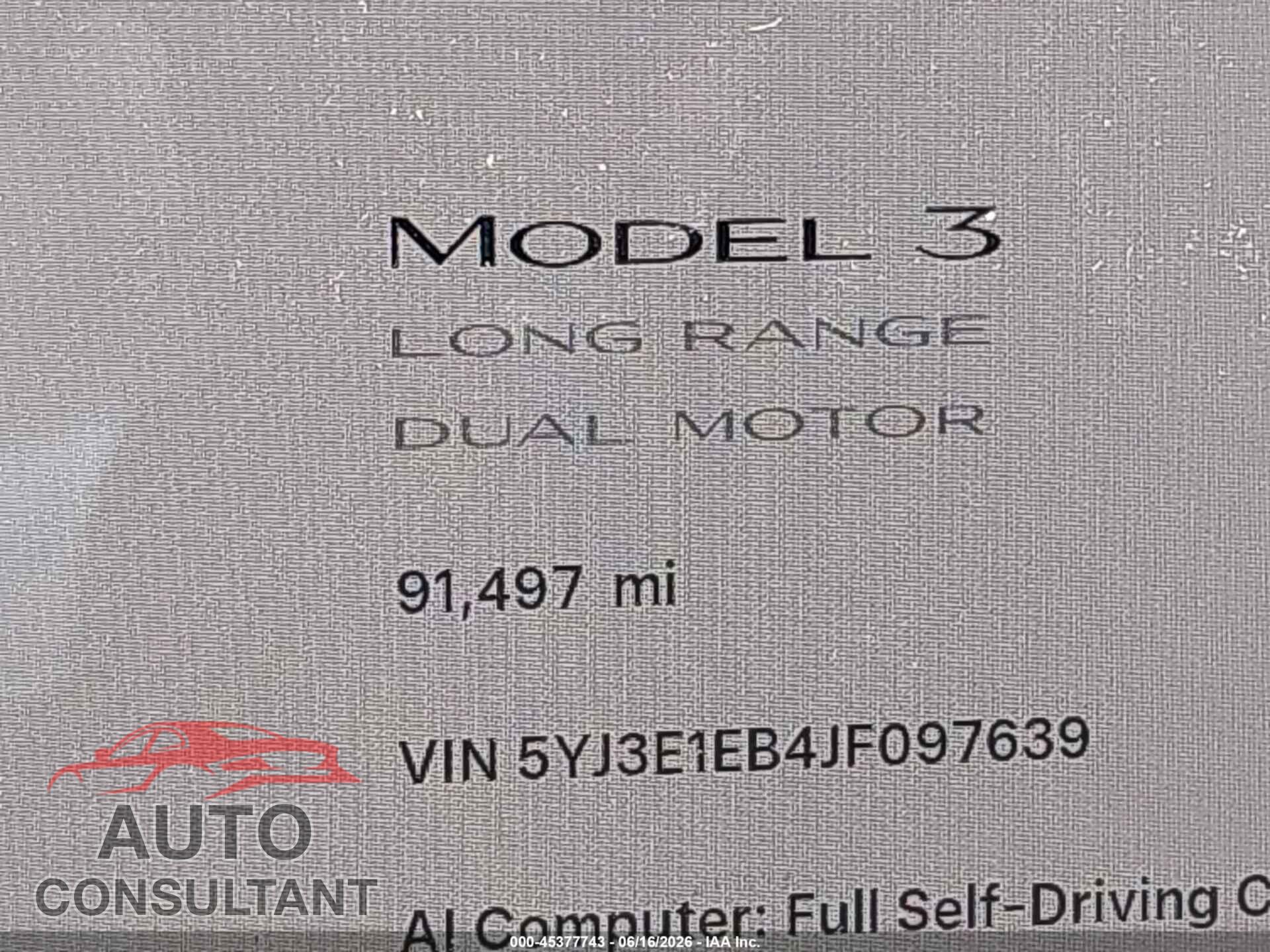 TESLA MODEL 3 2018 - 5YJ3E1EB4JF097639