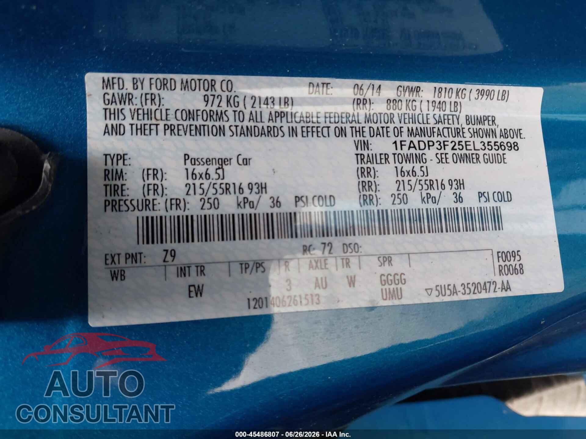 FORD FOCUS 2014 - 1FADP3F25EL355698