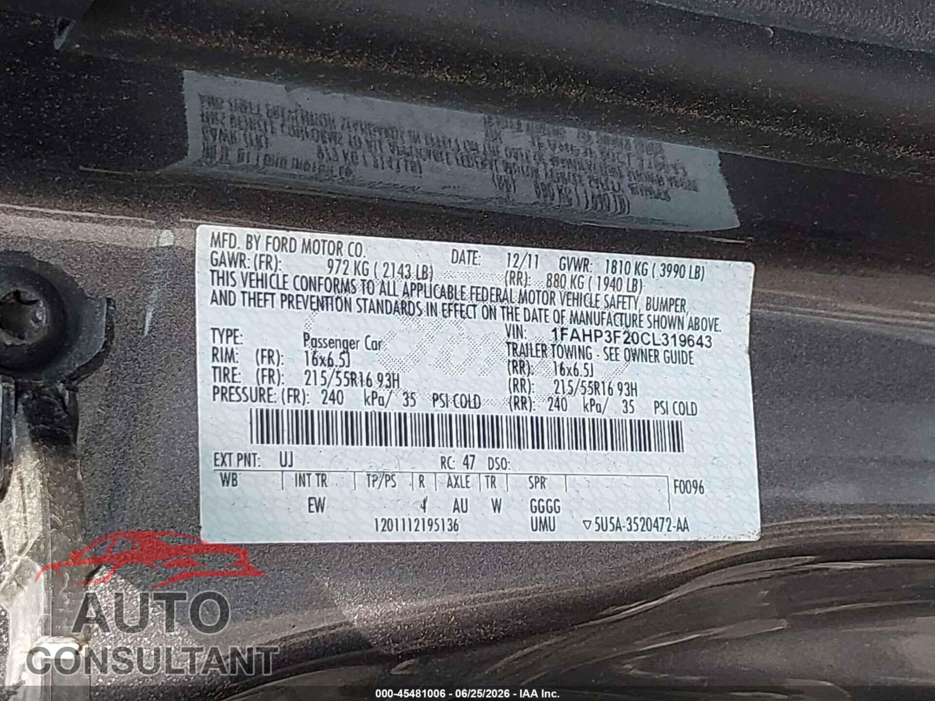 FORD FOCUS 2012 - 1FAHP3F20CL319643