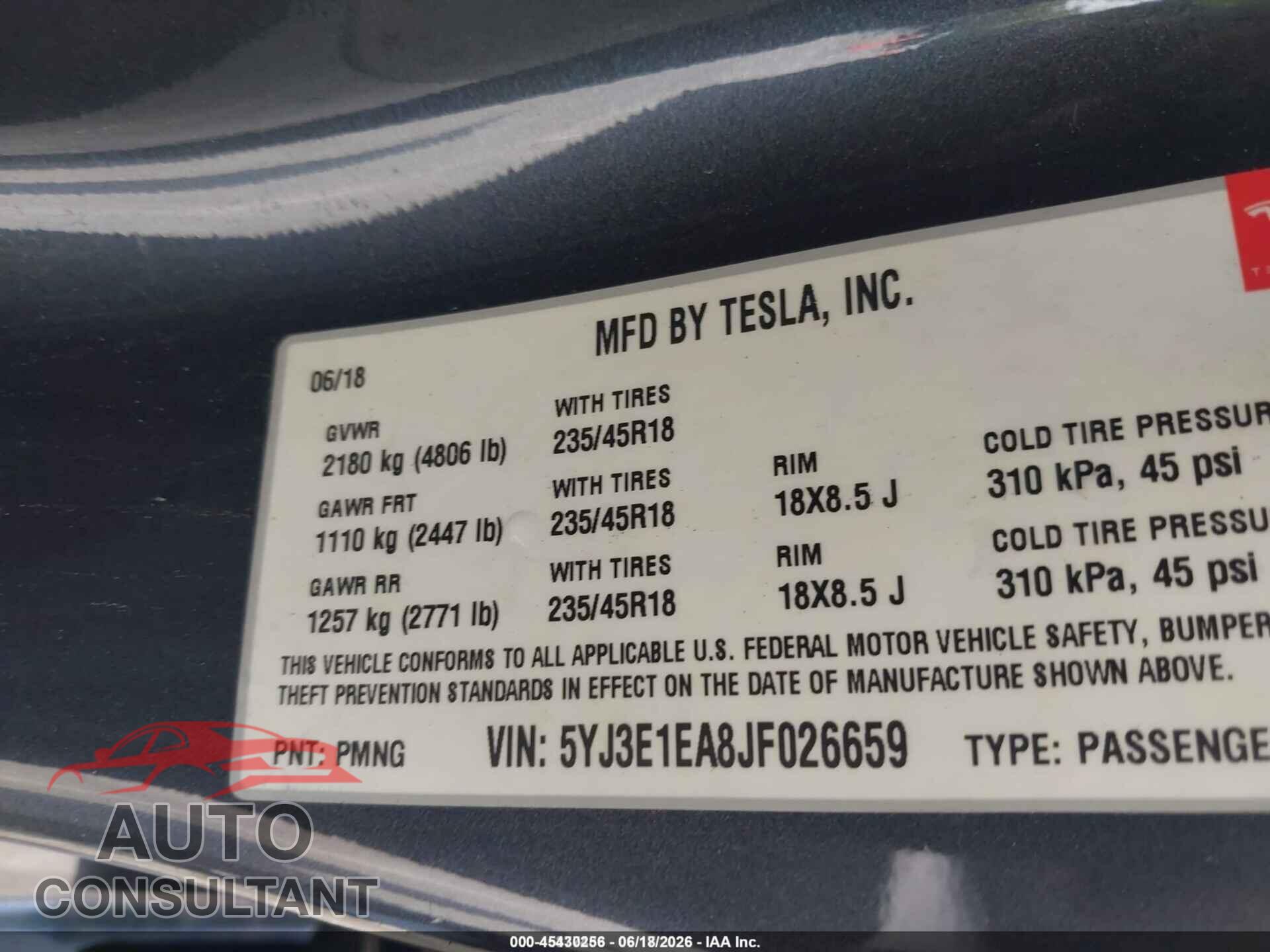 TESLA MODEL 3 2018 - 5YJ3E1EA8JF026659