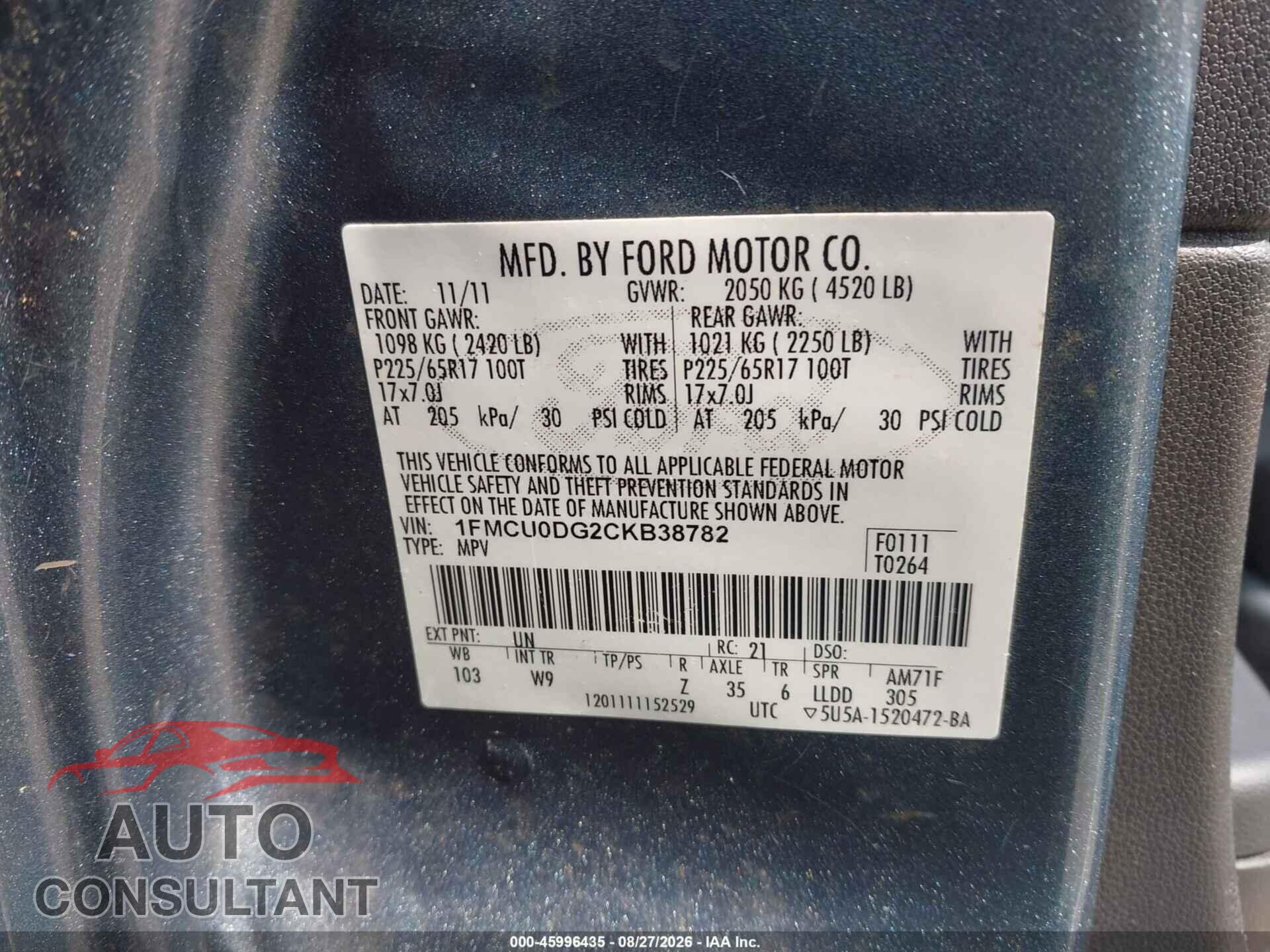 FORD ESCAPE 2012 - 1FMCU0DG2CKB38782