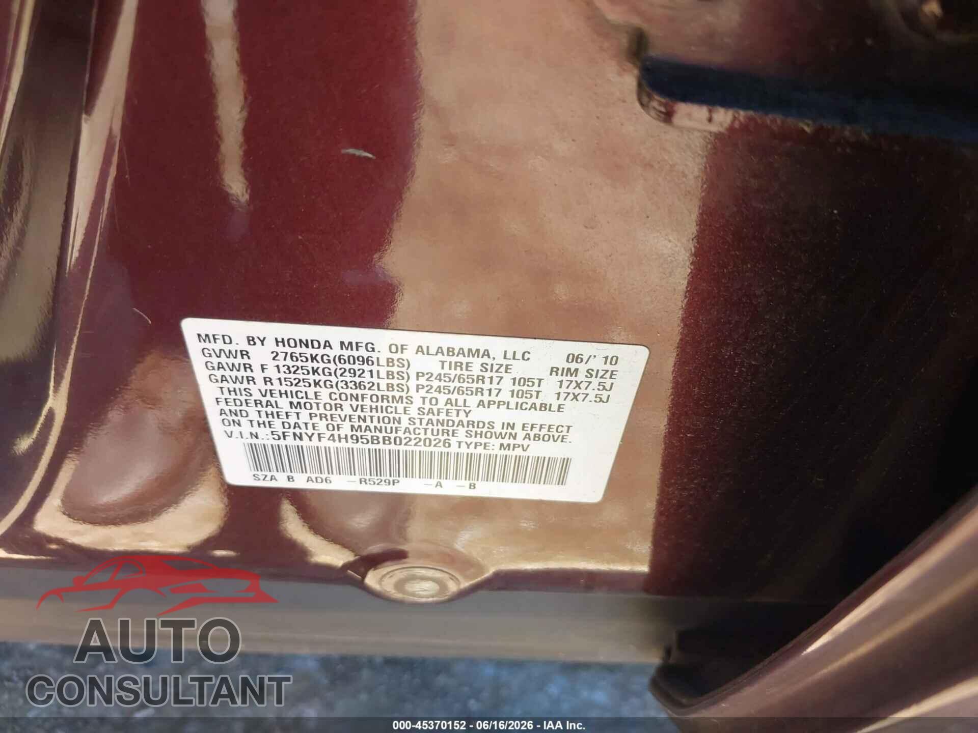 HONDA PILOT 2011 - 5FNYF4H95BB022026