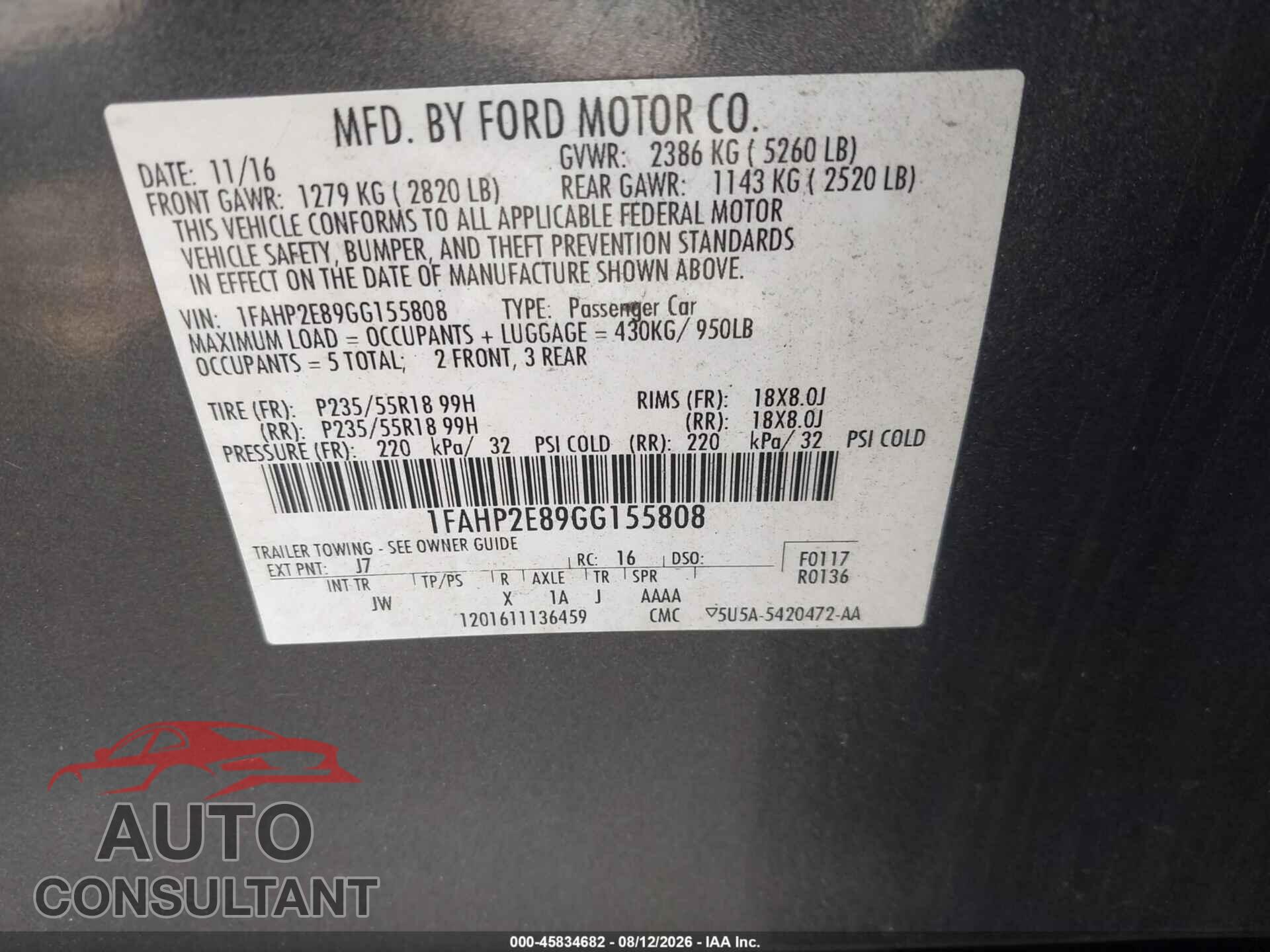 FORD TAURUS 2016 - 1FAHP2E89GG155808