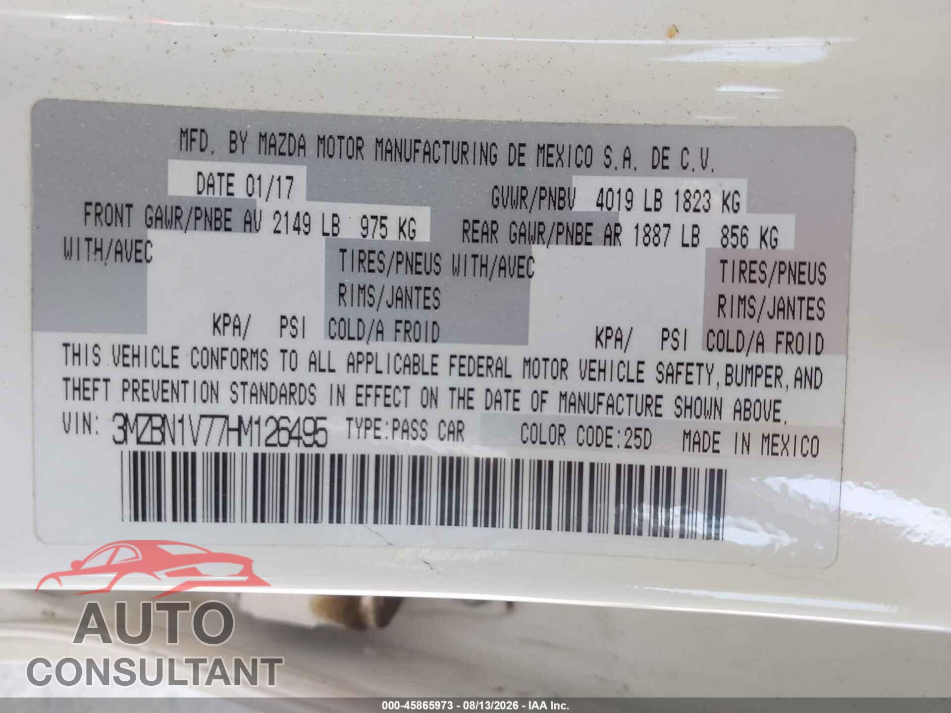 MAZDA MAZDA3 2017 - 3MZBN1V77HM126495