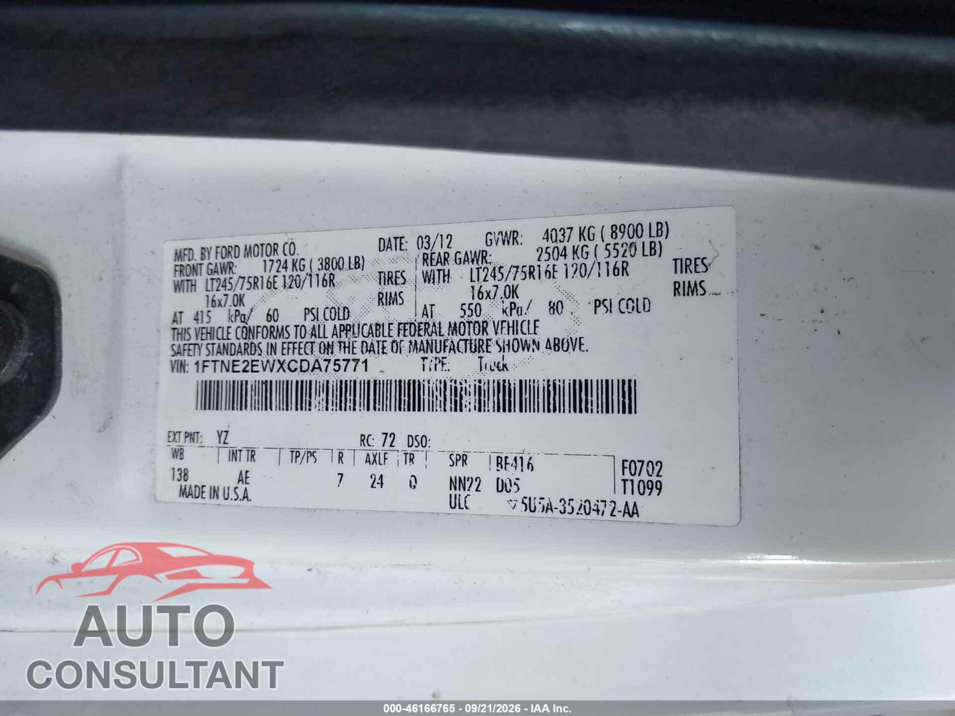 FORD E-250 2012 - 1FTNE2EWXCDA75771