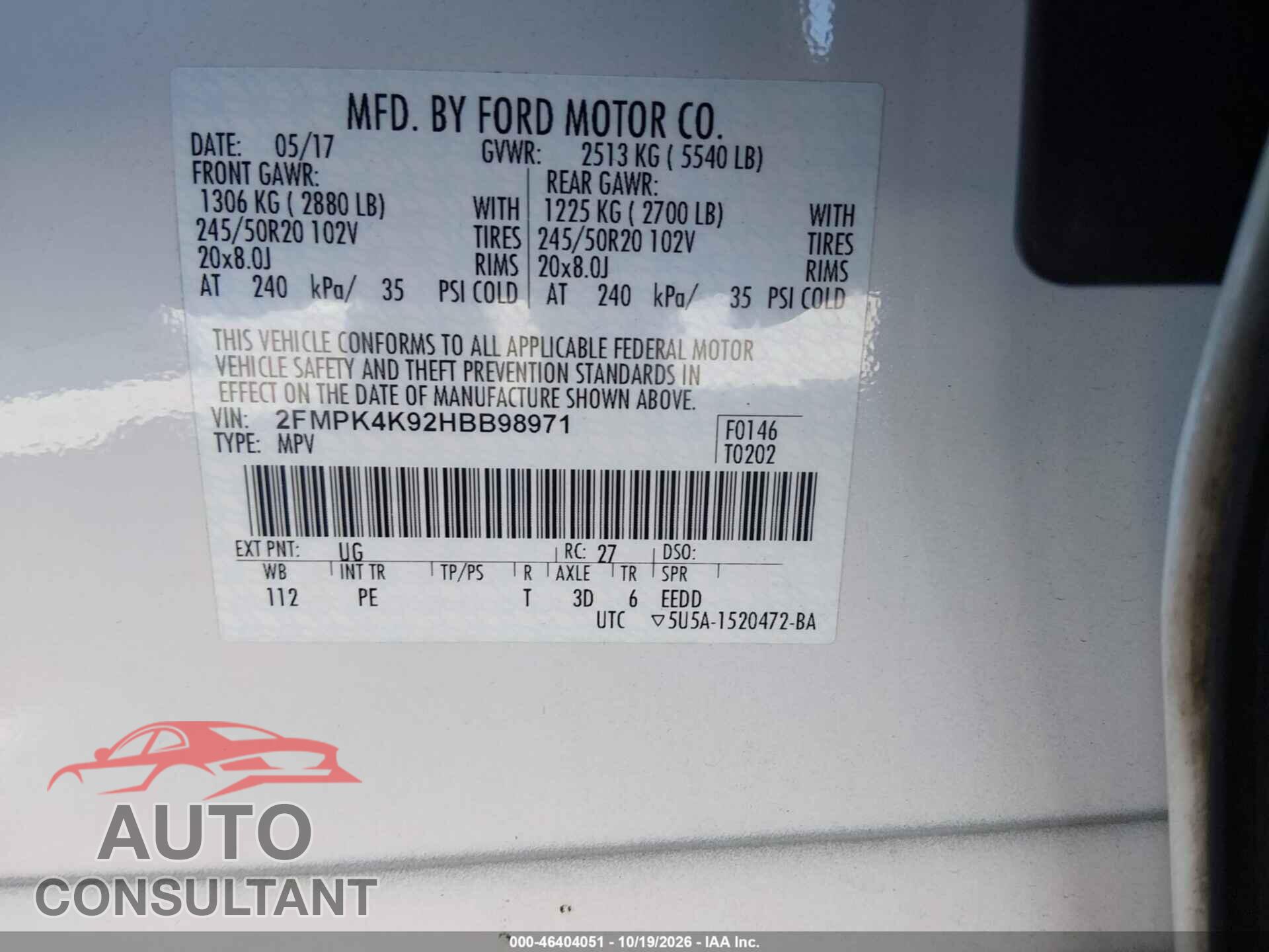 FORD EDGE 2017 - 2FMPK4K92HBB98971