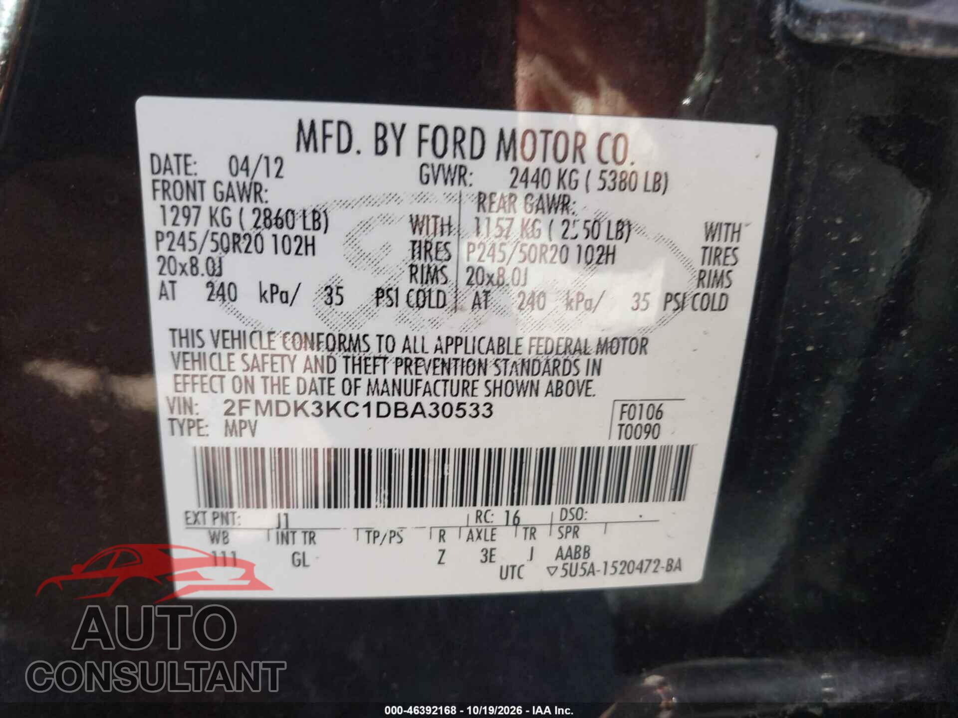 FORD EDGE 2013 - 2FMDK3KC1DBA30533