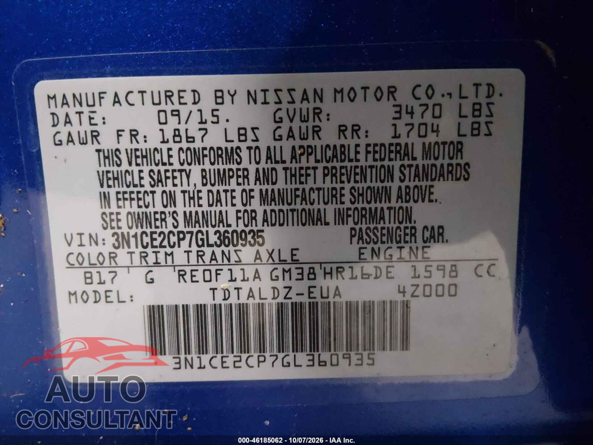 NISSAN VERSA NOTE 2016 - 3N1CE2CP7GL360935