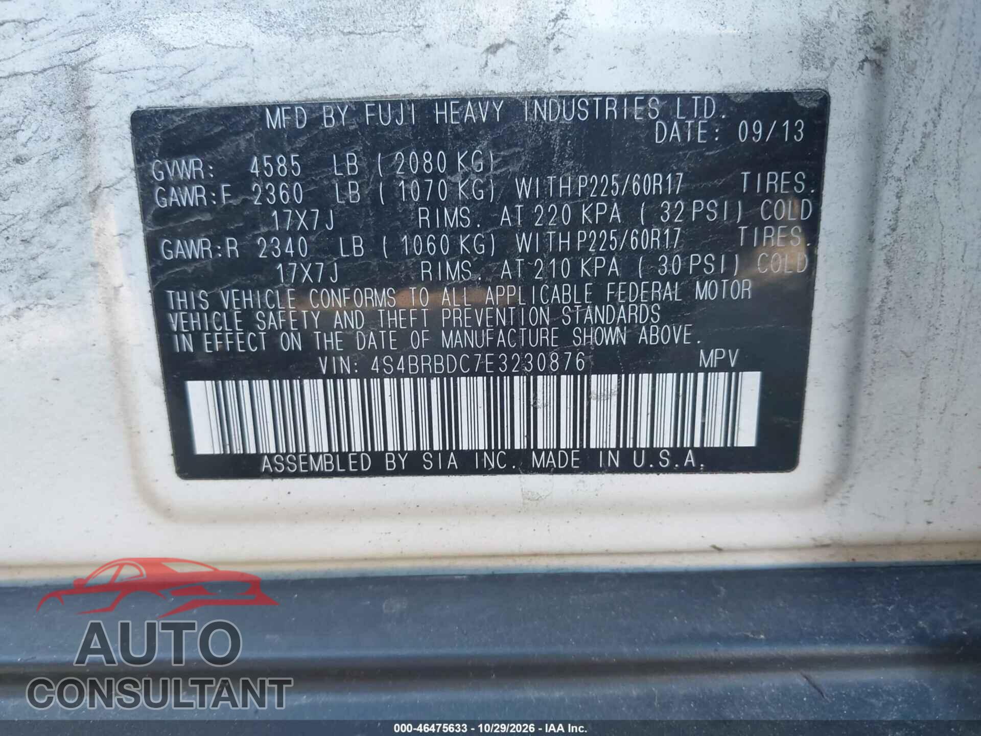 SUBARU OUTBACK 2014 - 4S4BRBDC7E3230876