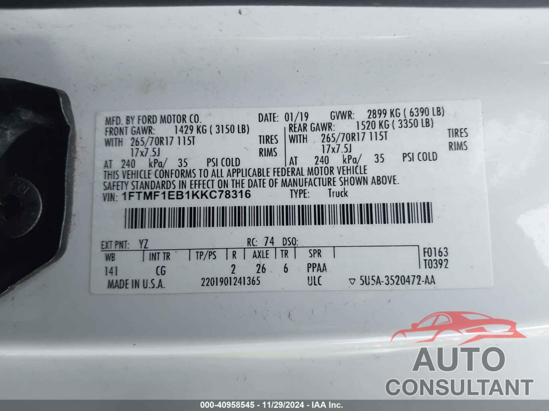 FORD F-150 2019 - 1FTMF1EB1KKC78316