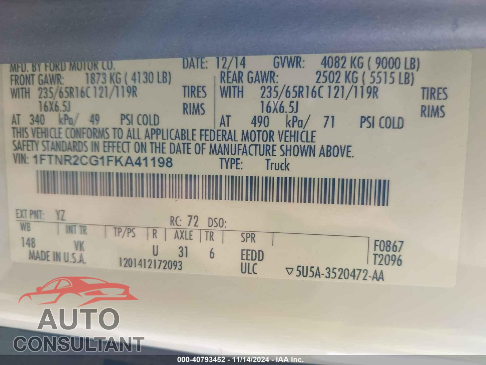 FORD TRANSIT 2015 - 1FTNR2CG1FKA41198