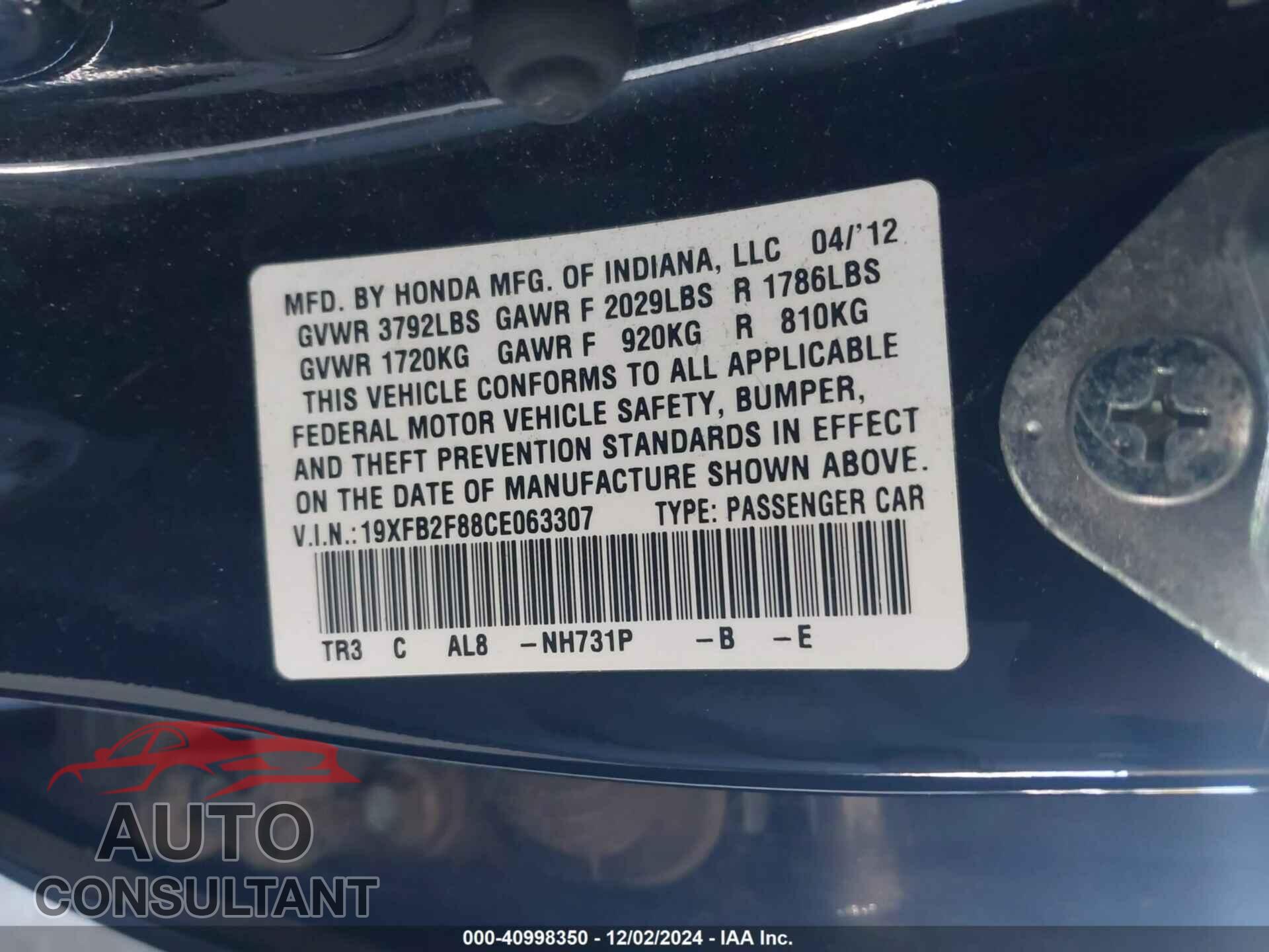 HONDA CIVIC 2012 - 19XFB2F88CE063307