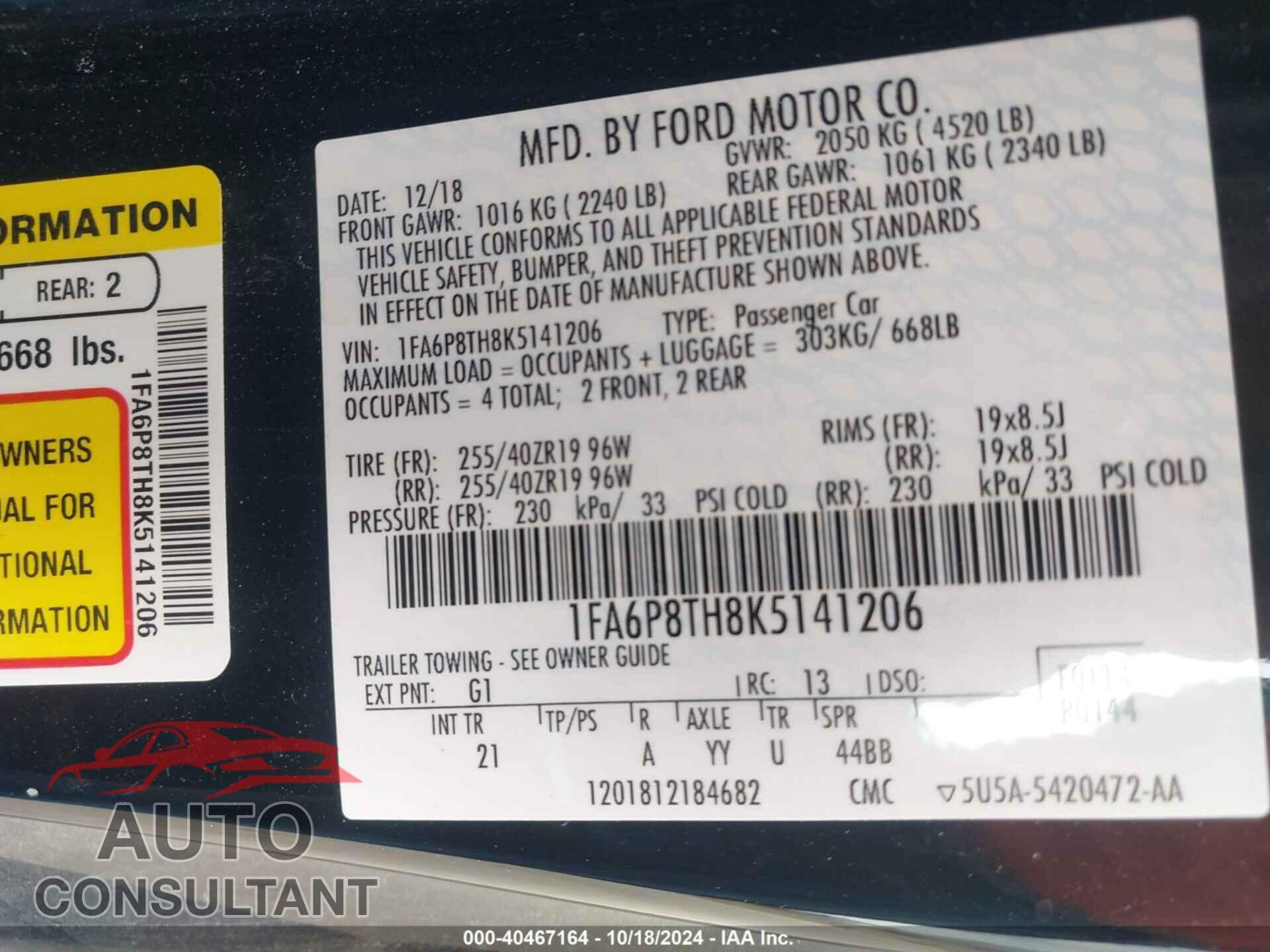 FORD MUSTANG 2019 - 1FA6P8TH8K5141206