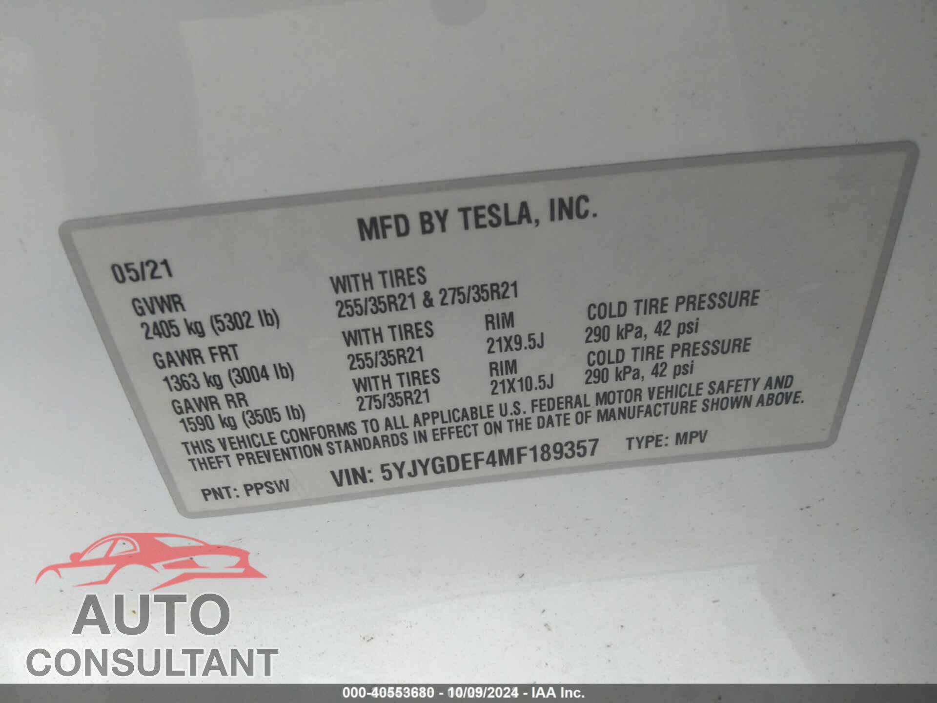 TESLA MODEL Y 2021 - 5YJYGDEF4MF189357