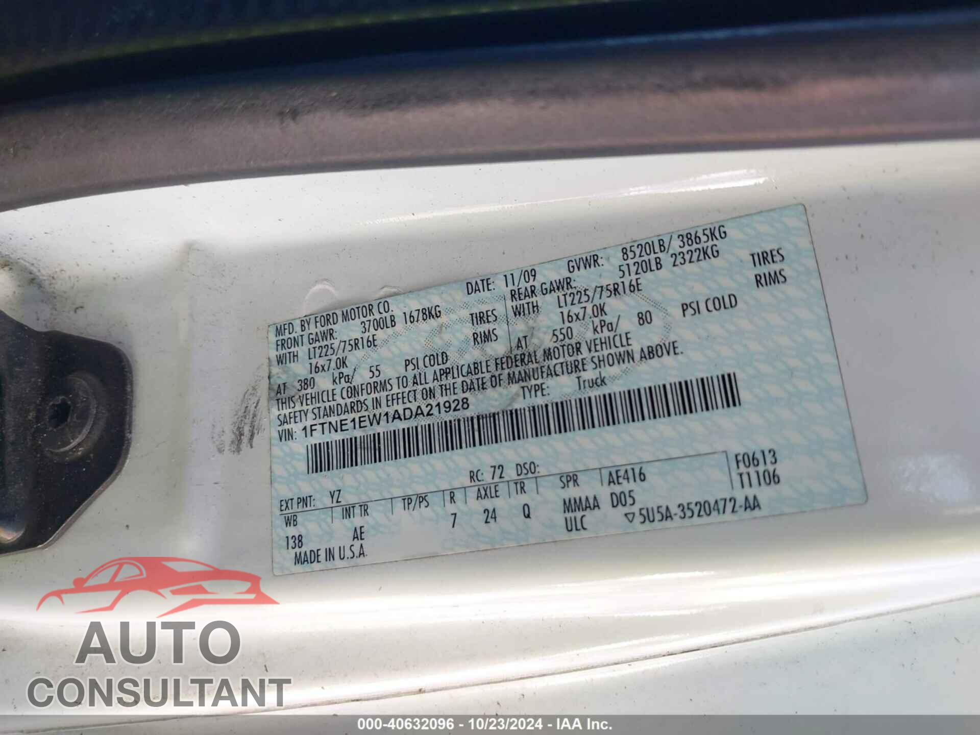FORD E-150 2010 - 1FTNE1EW1ADA21928